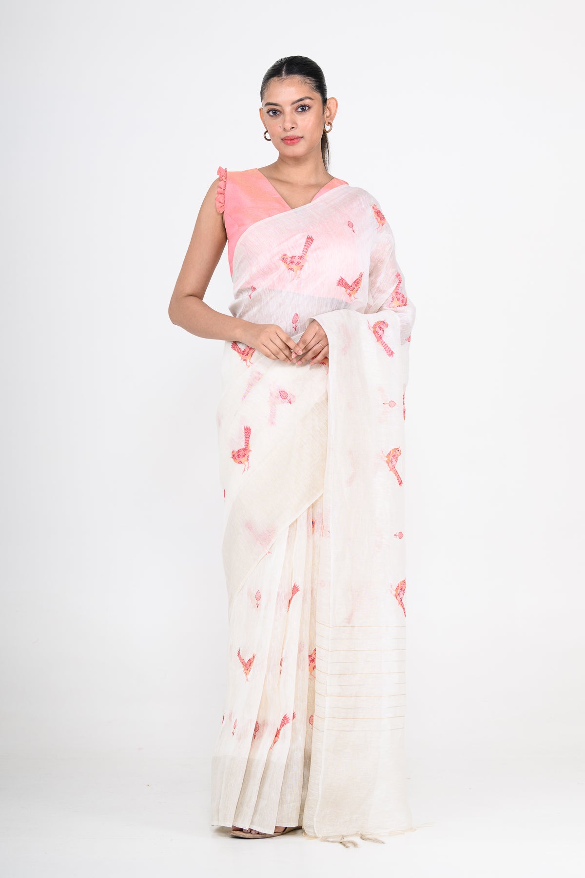 Parsi Embroidered White Pure Linen Saree
