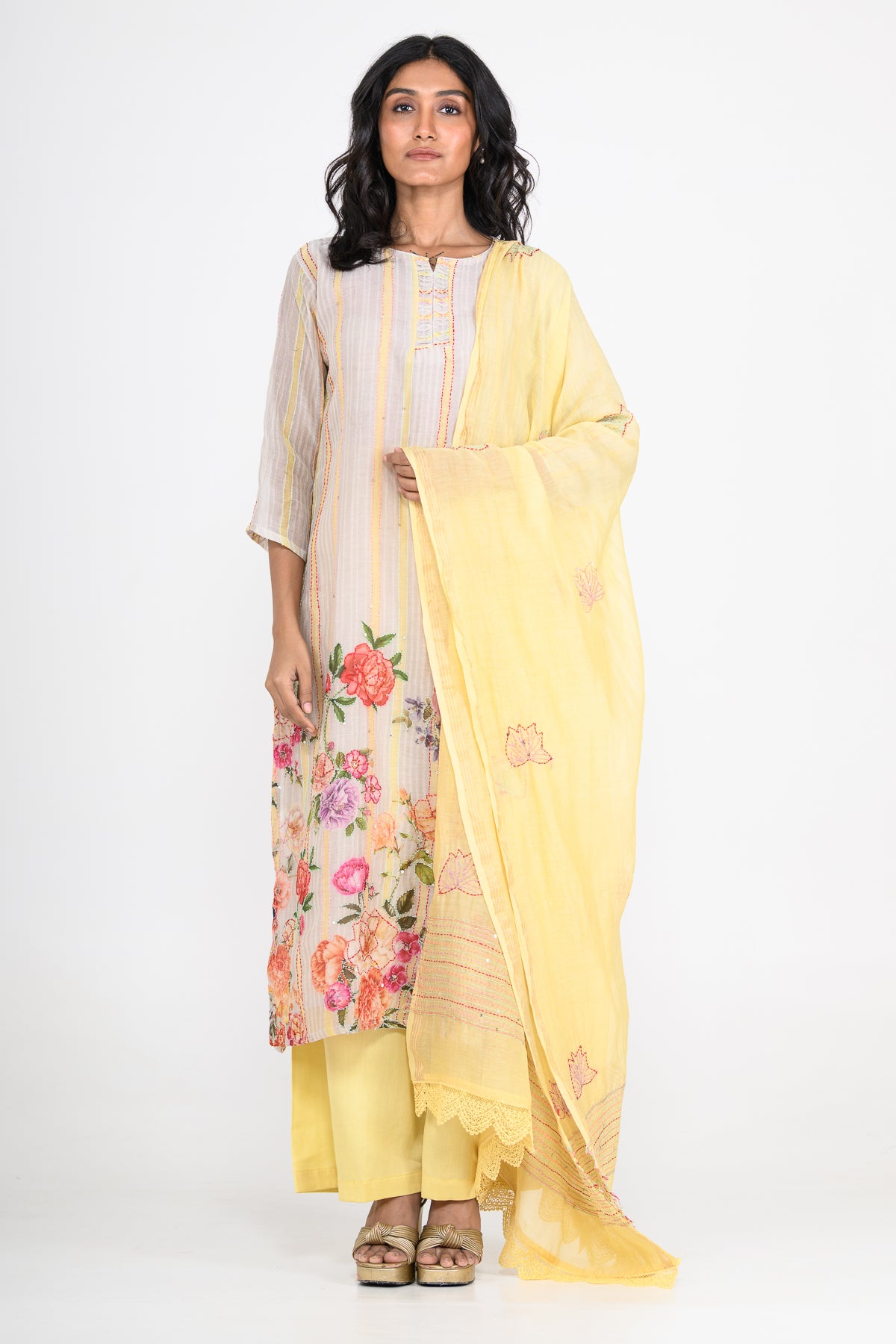 Yellow Printed Pure Mulmul Kurta Set & Dupatta with Katha Embroidery