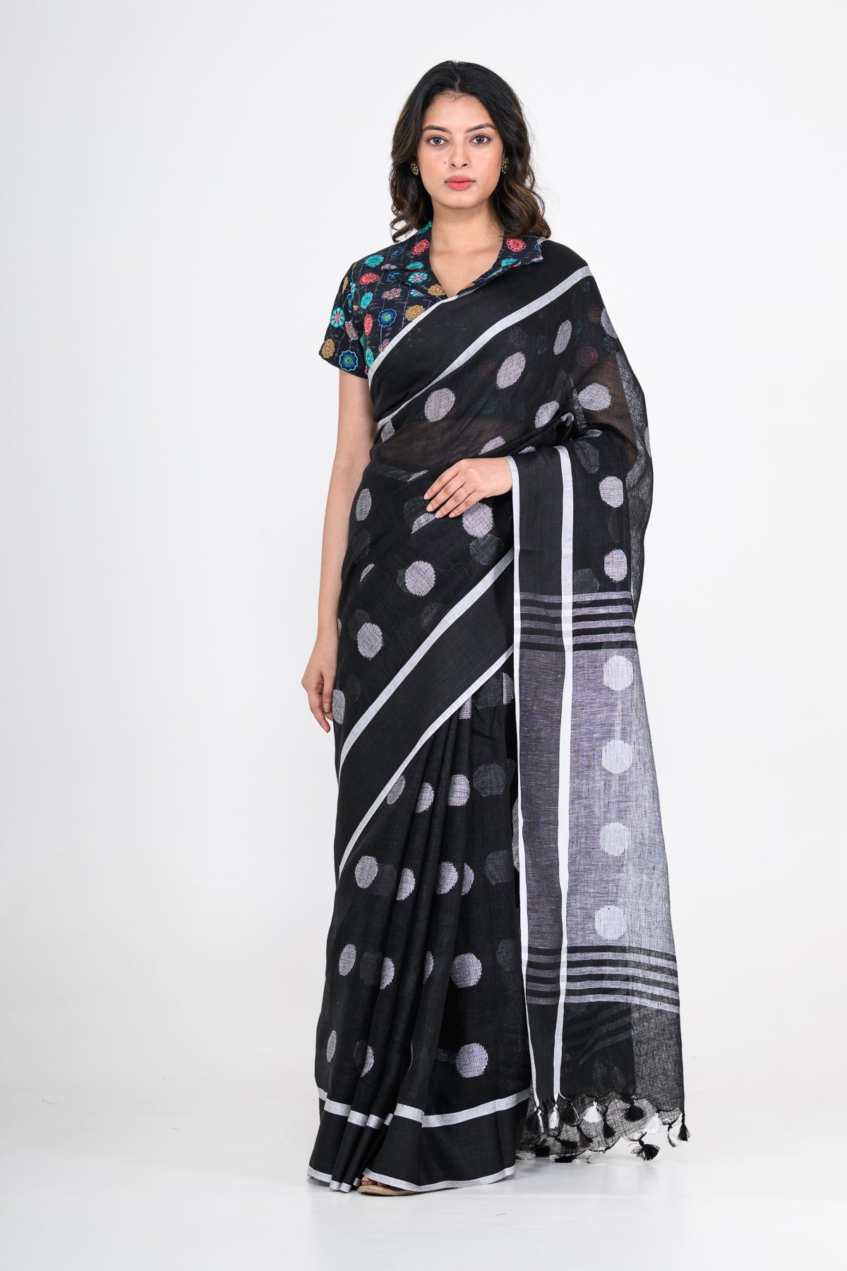 Black Pure Linen Polka Dot Handwoven Saree