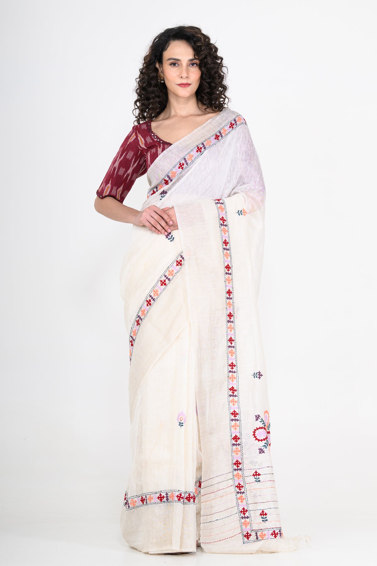 Pure Linen White Saree with Thread Work