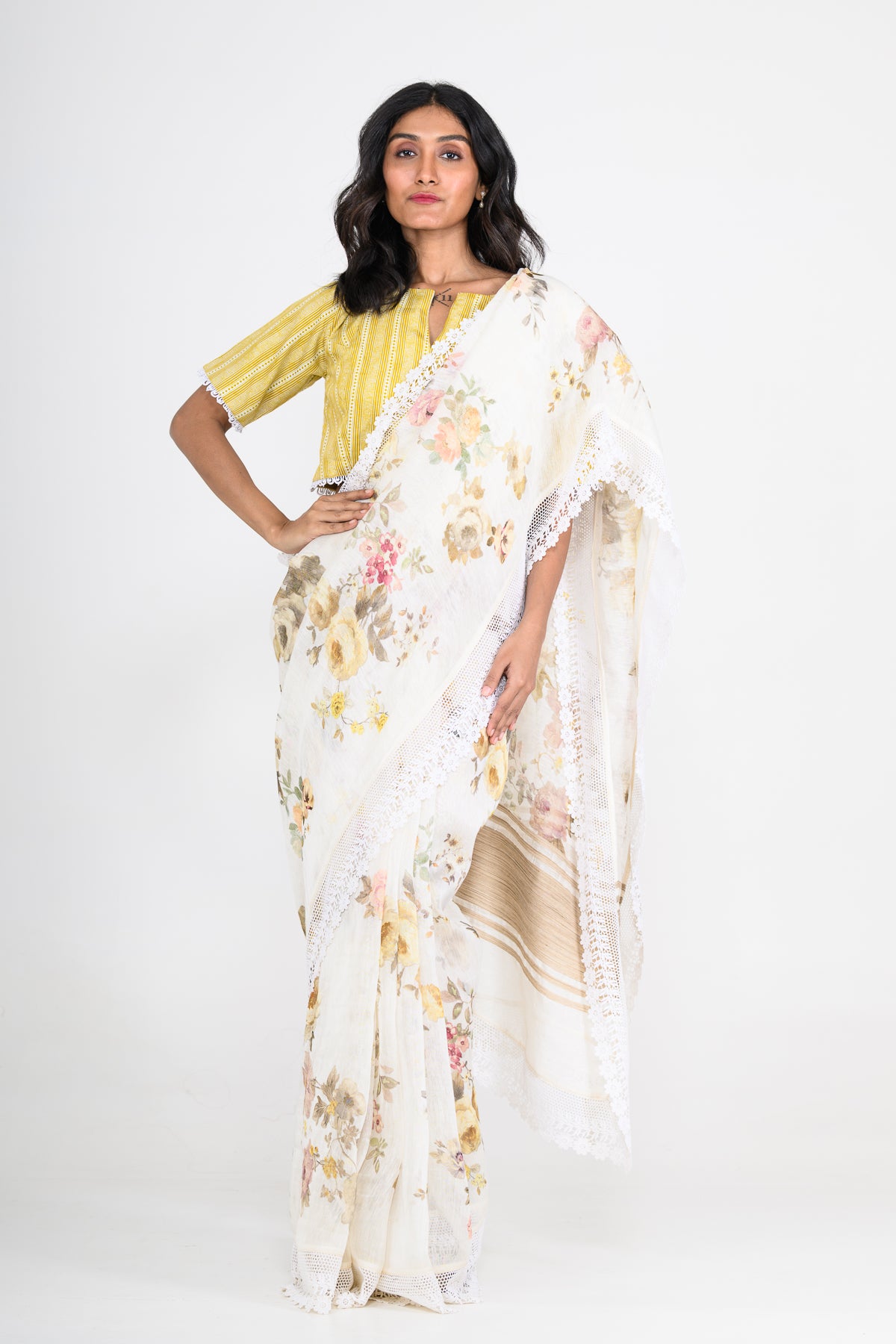 White Floral Printed Pure Linen Saree with Lace Work