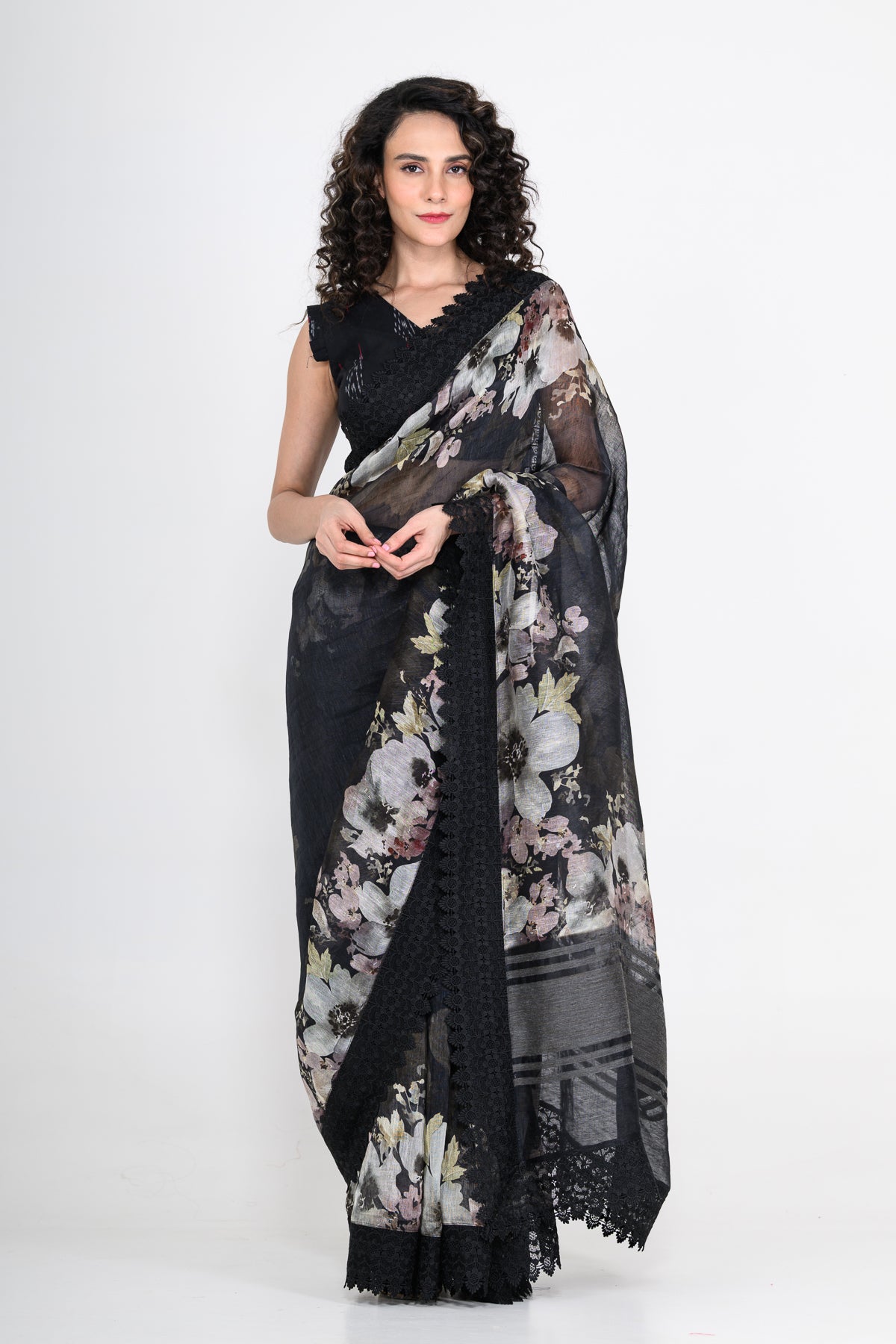 Floral Printed Pure Linen Black Saree