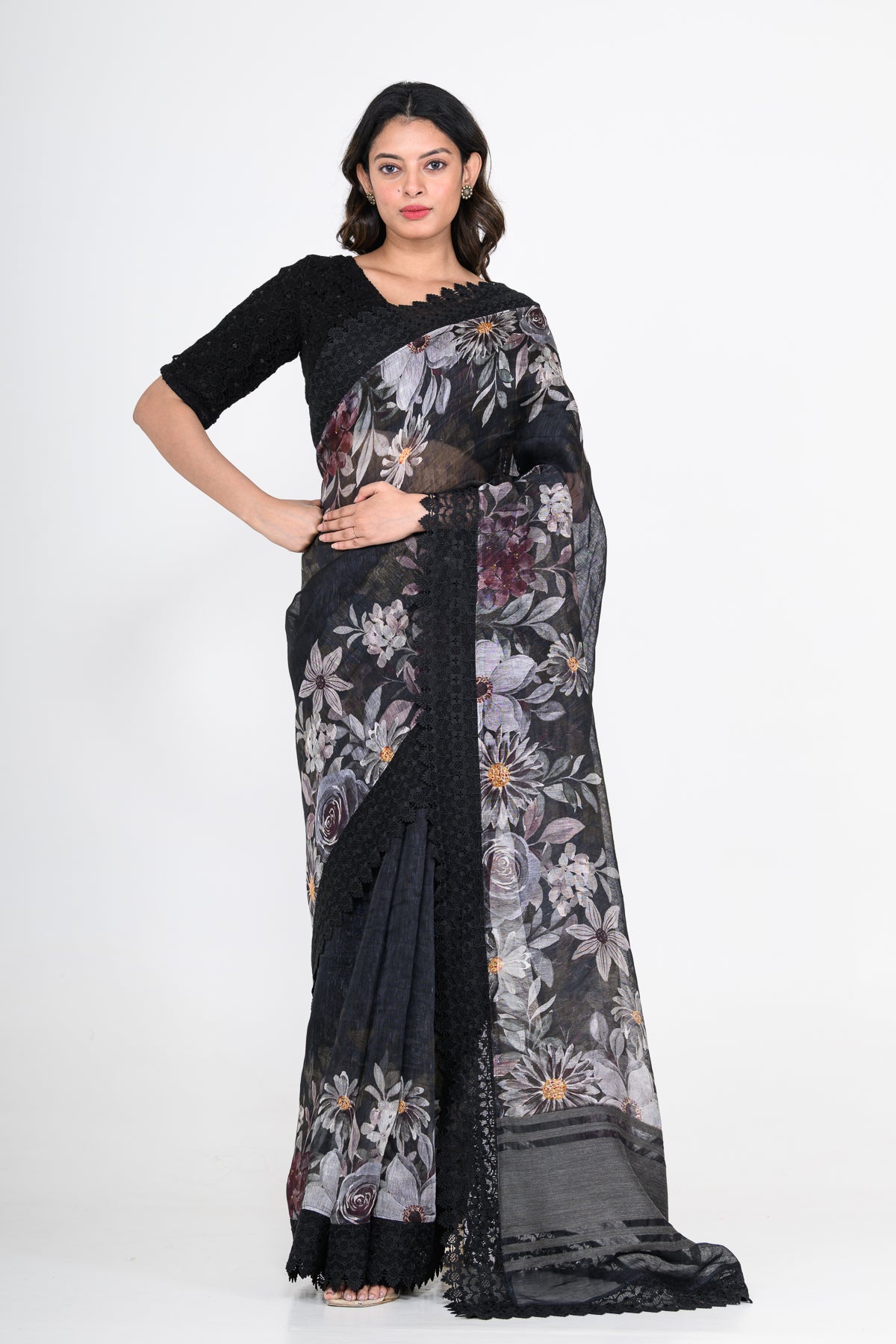 Floral Printed Pure Linen Black Saree with Lace Work