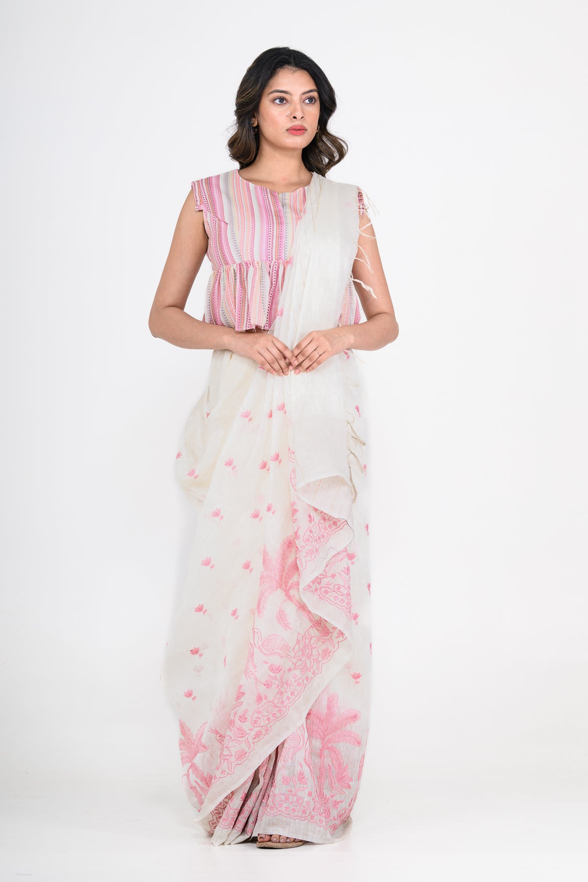 White-Pink Dual Tone Printed Pure Linen Saree