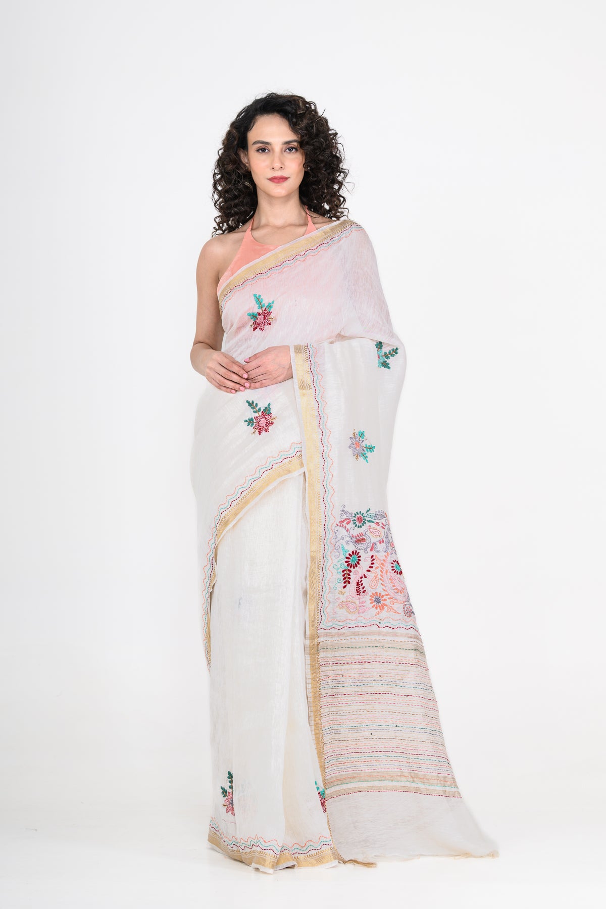 White Embroidered Pure Linen Saree with Tikki & Thread Work