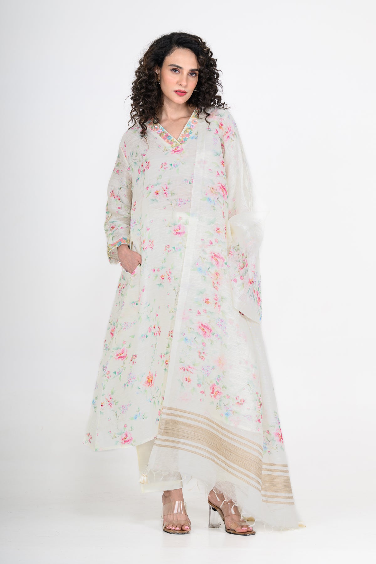 Floral Printed Pure Linen Off White Kurta Set with 3D Embroidery