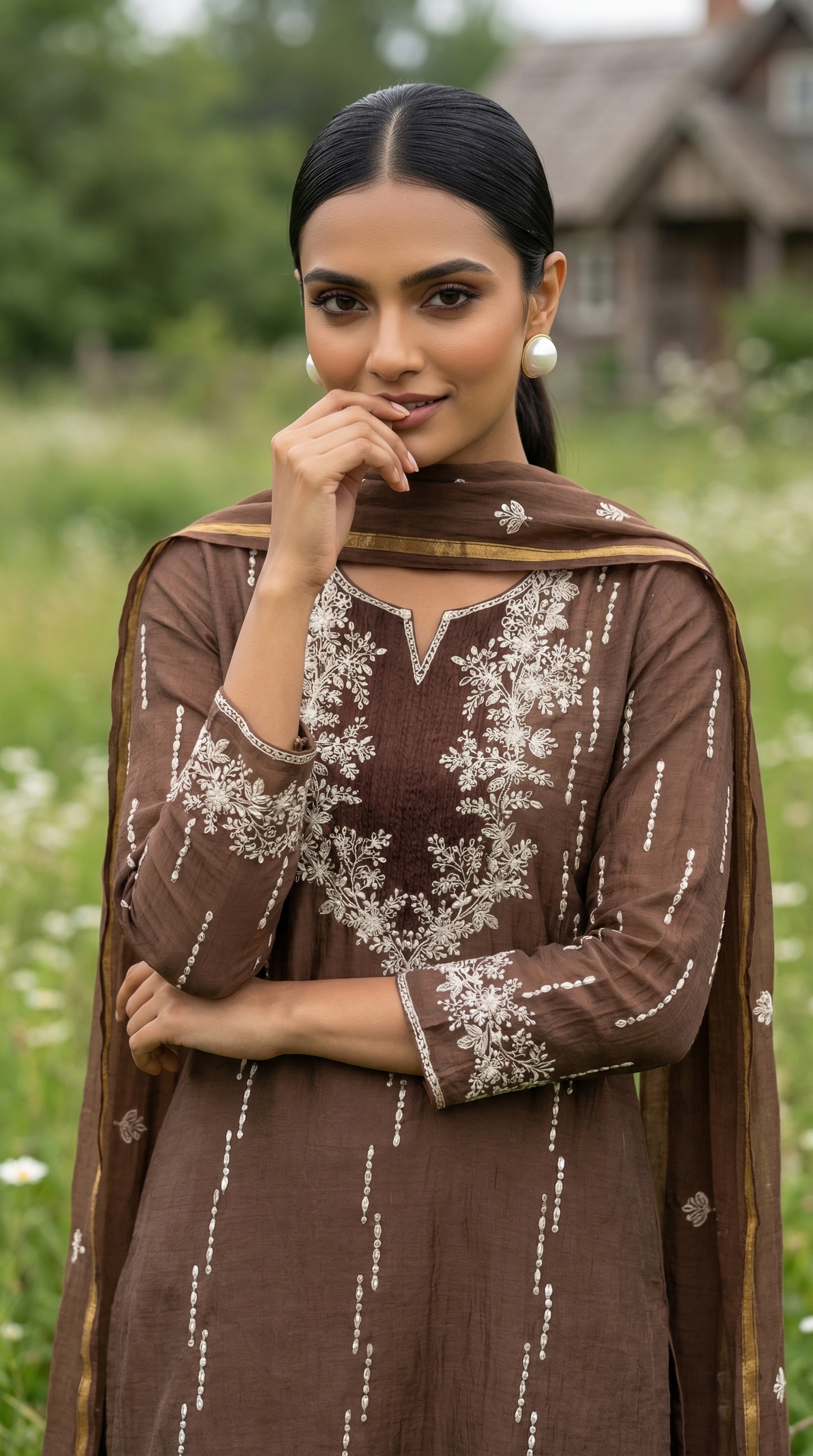 Mocha Brown Pitta Embroidery Mul Mul Suit Set