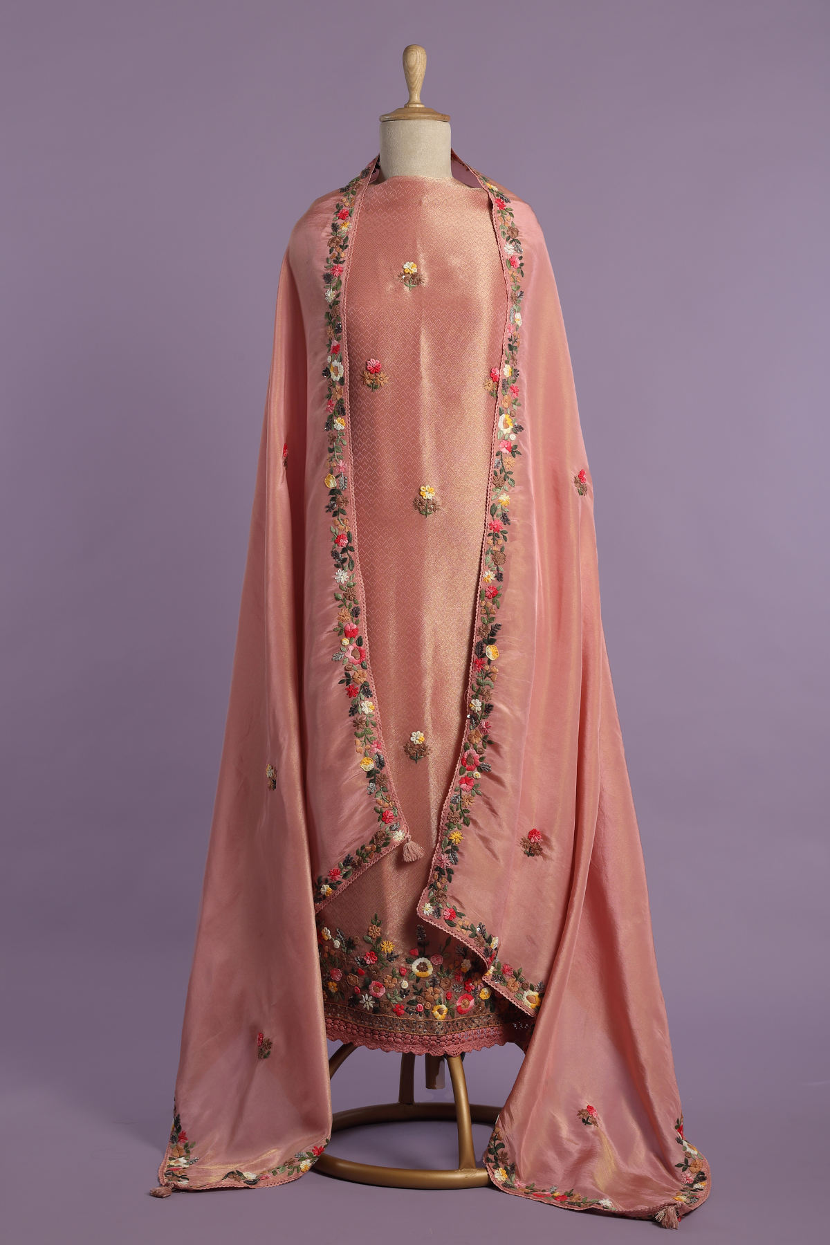 Peach Tissue Kurta Set with intricate Resham Embroidery