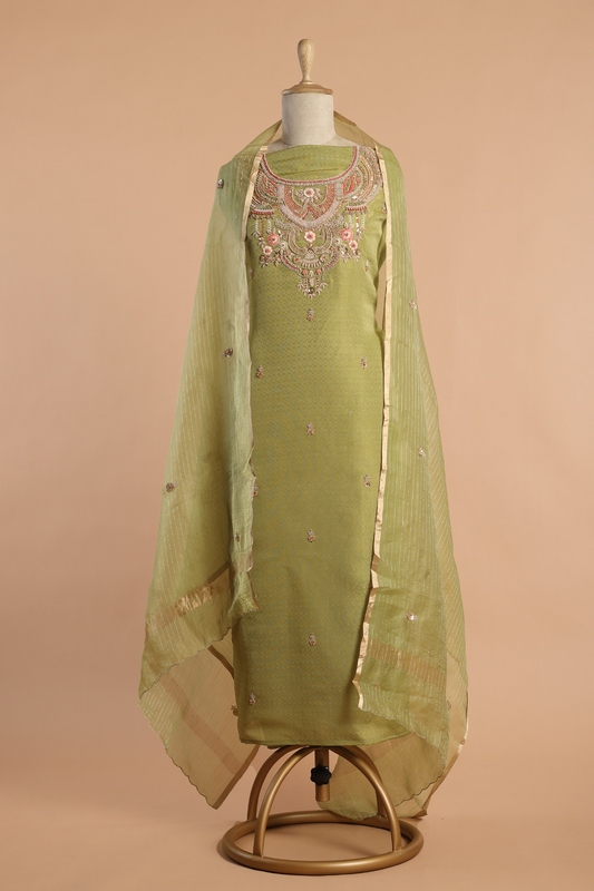 Olive Green Zari Tissue Kurta Set with Textured Zardoshi Embroidery