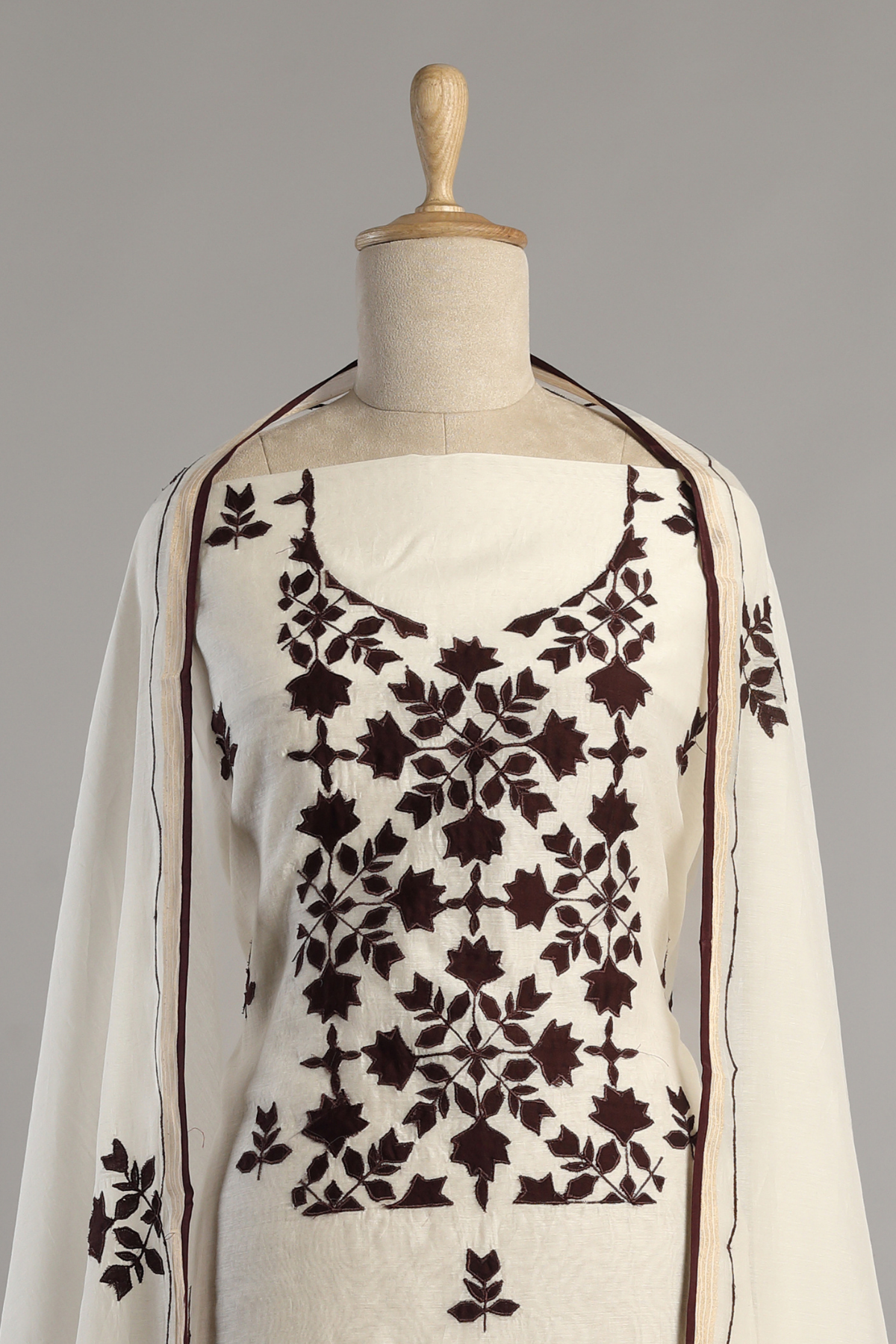 Pearl White & Brown Mul Kurta Set with Hand Applique