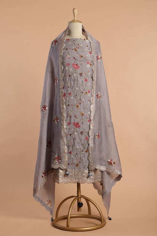Grey Mul Parsi Embroidered Kurta Set with Pitta Work