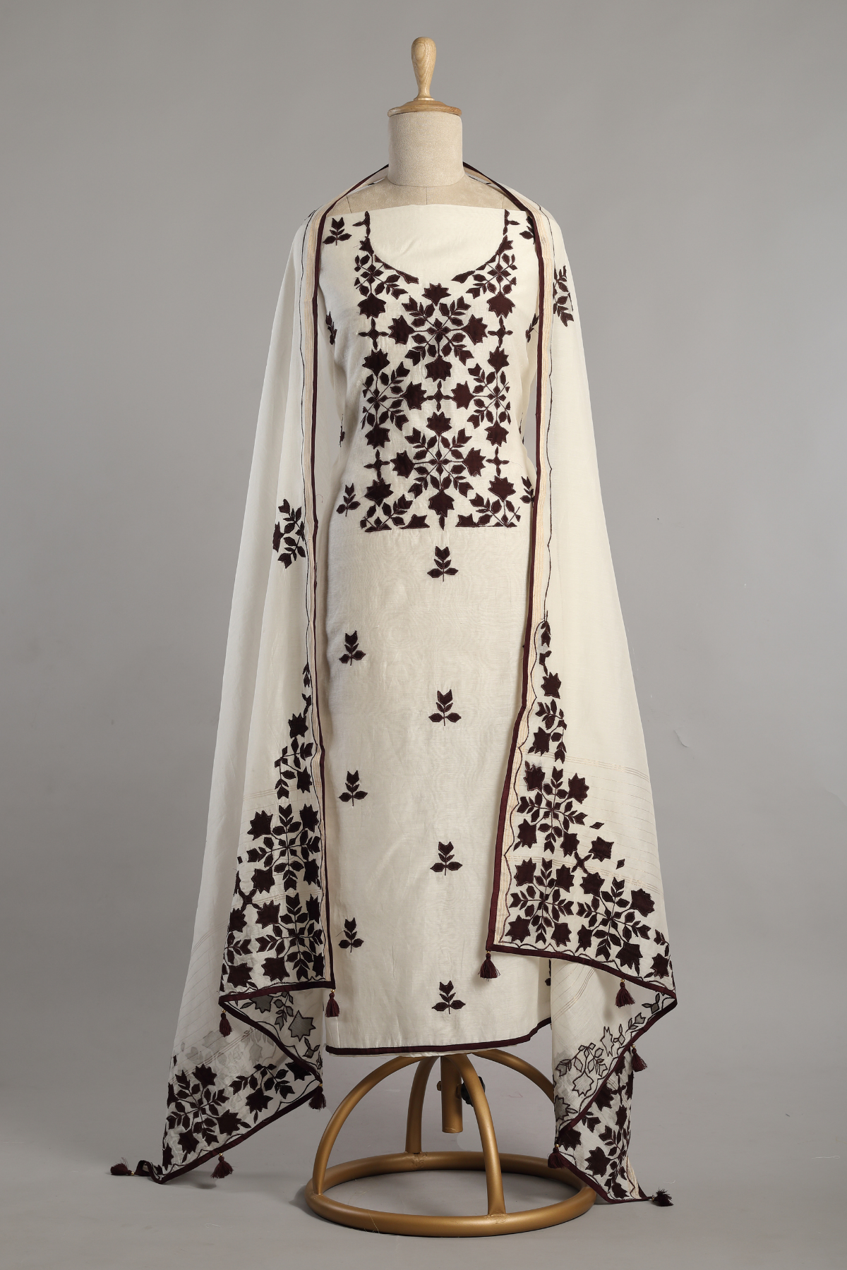 Pearl White & Brown Mul Kurta Set with Hand Applique
