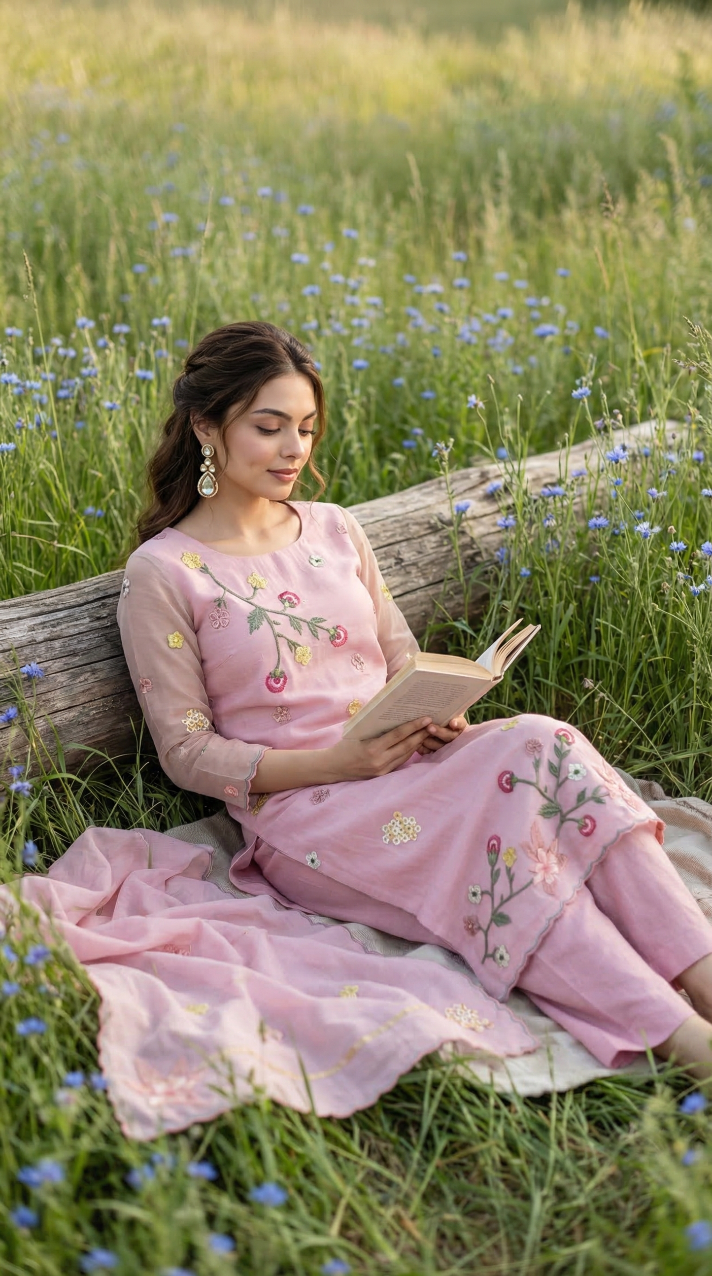 Light pink Resham 3D Embroidery Mul Mul Suit Set