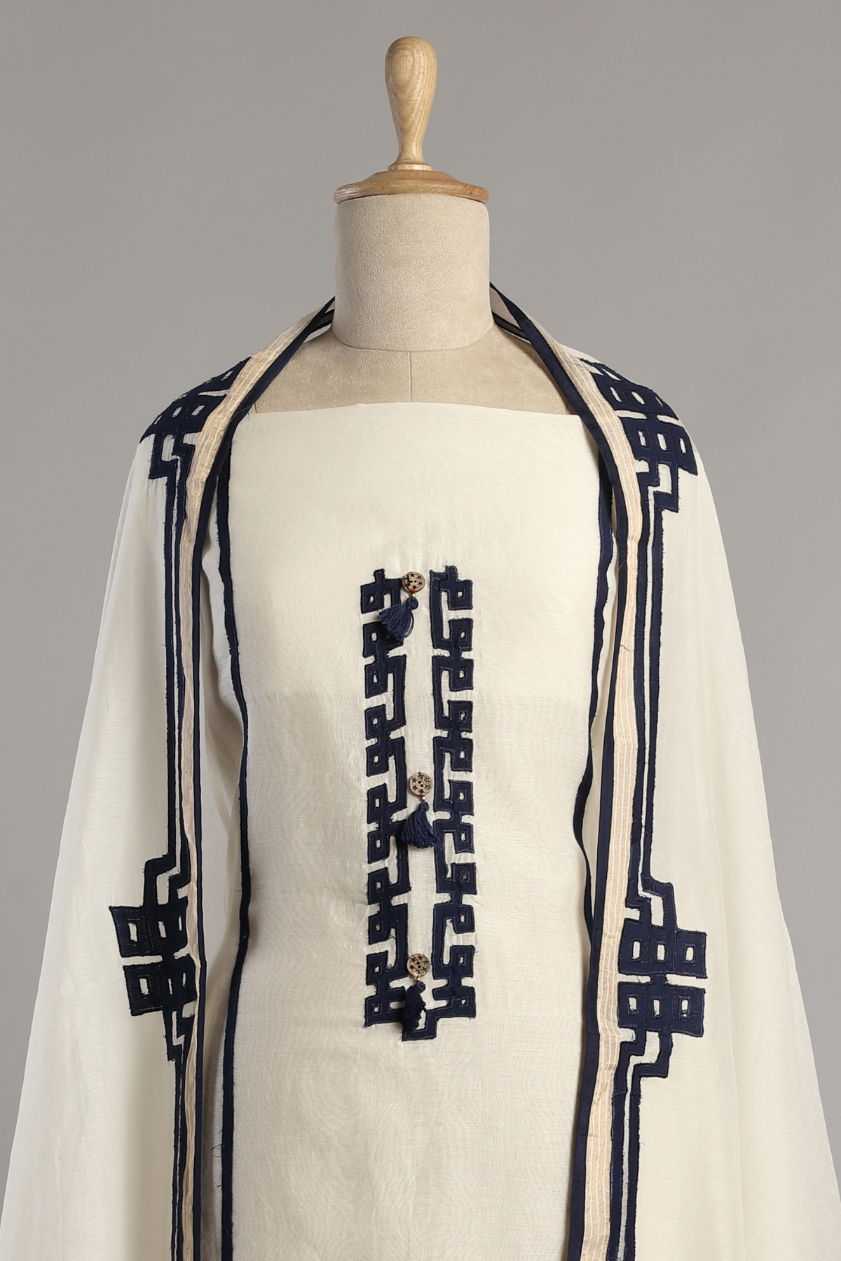 Seashell White & Royal Blue Mul Kurta Set with Panel Applique