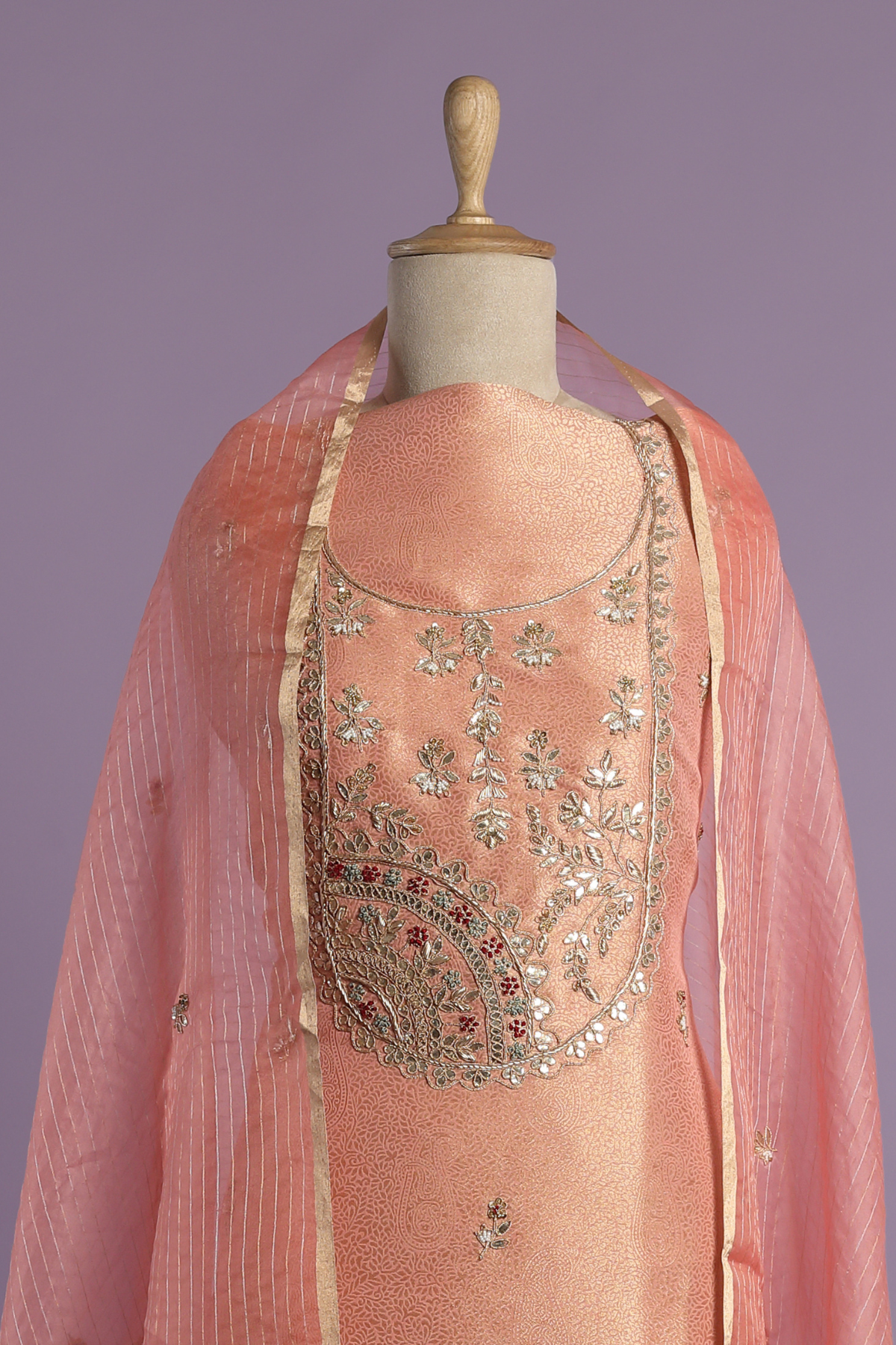 Peach Gold Tissue Kurta Set Embellished with Designer Motifs & Embroidery