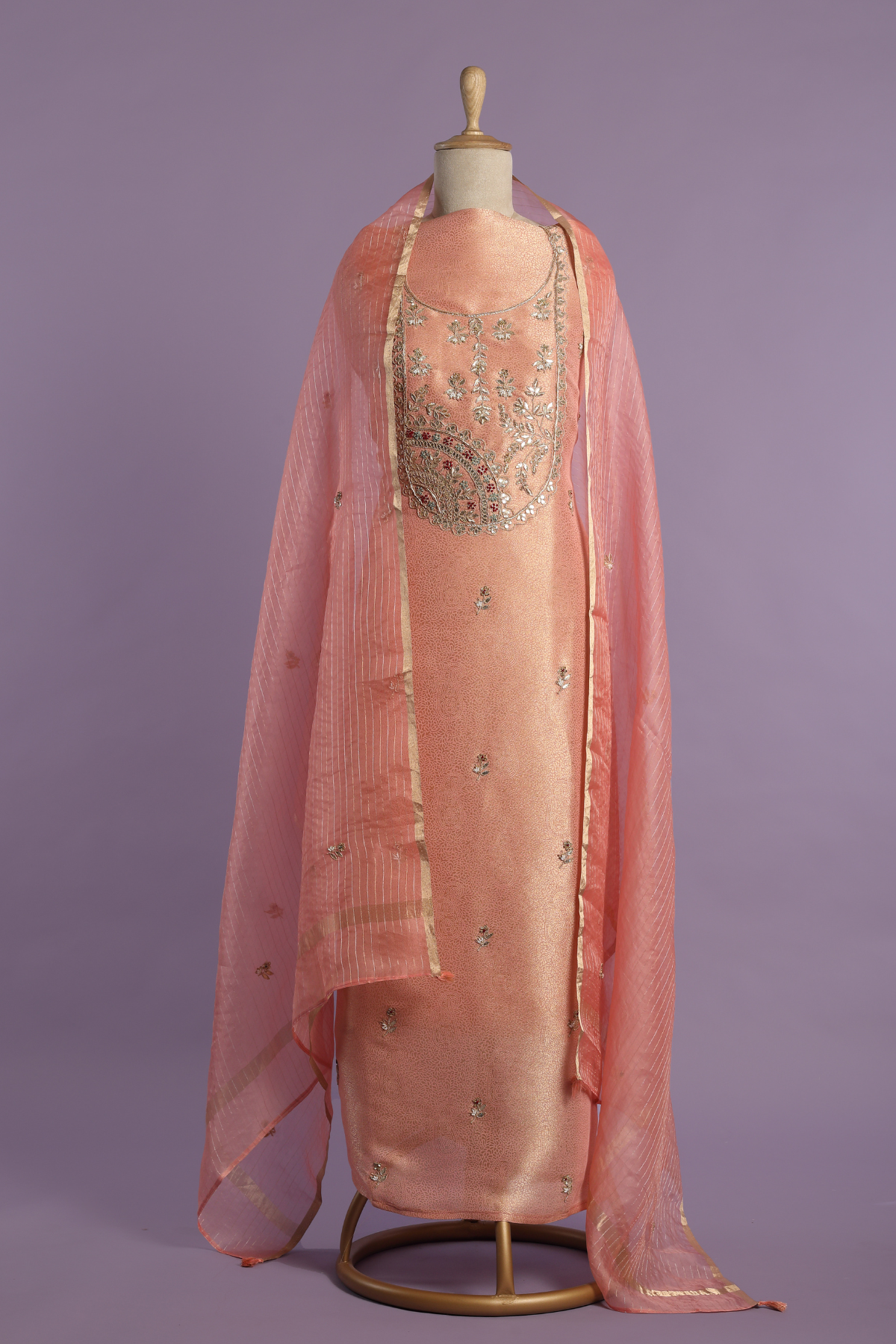 Peach Gold Tissue Kurta Set Embellished with Designer Motifs & Embroidery