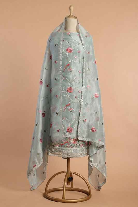 Blue Soft Tissue Kurta Set with Meticulous Parsi Embroidery