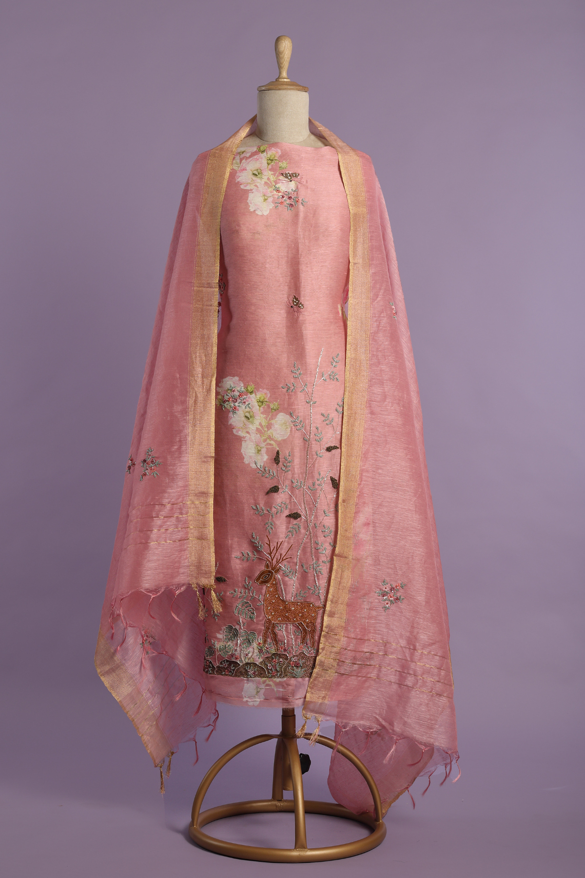 Peach Linen Printed Kurta Set Highlighted with Intricate Deer Motif Embroidery