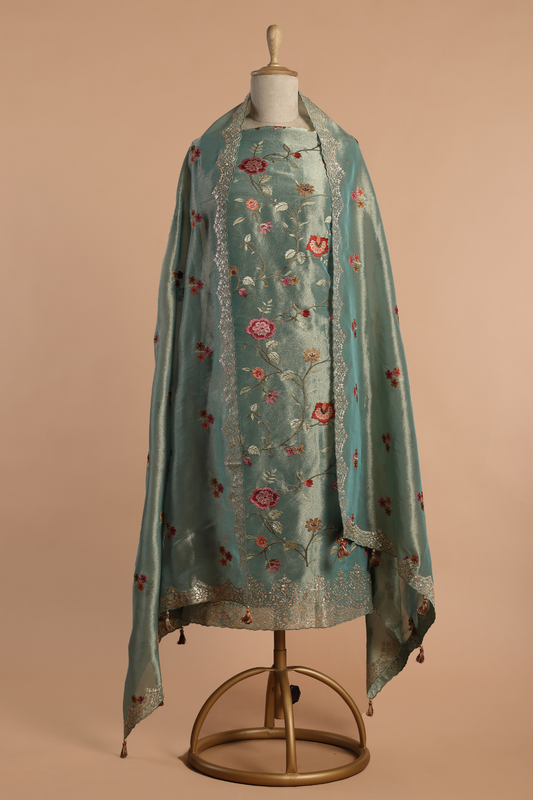 Green  Soft Tissue Kurta Set with Meticulous Parsi Embroidery