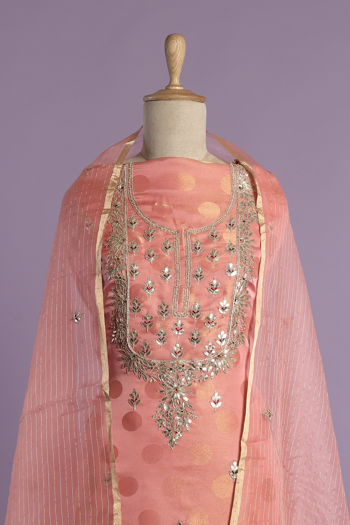 Polka Tissue Set Embibed with Gota Dori Embroidery in Peach