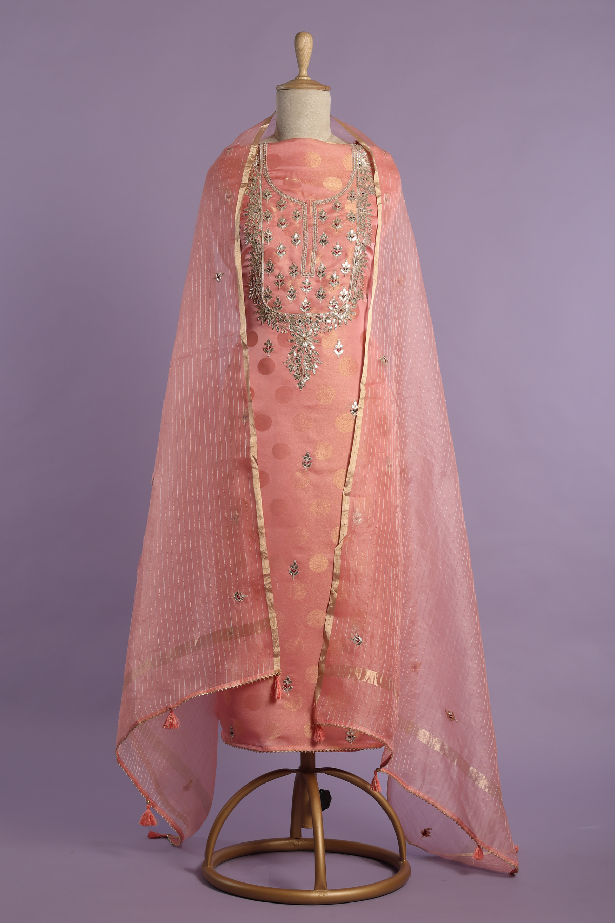 Polka Tissue Set Embibed with Gota Dori Embroidery in Peach