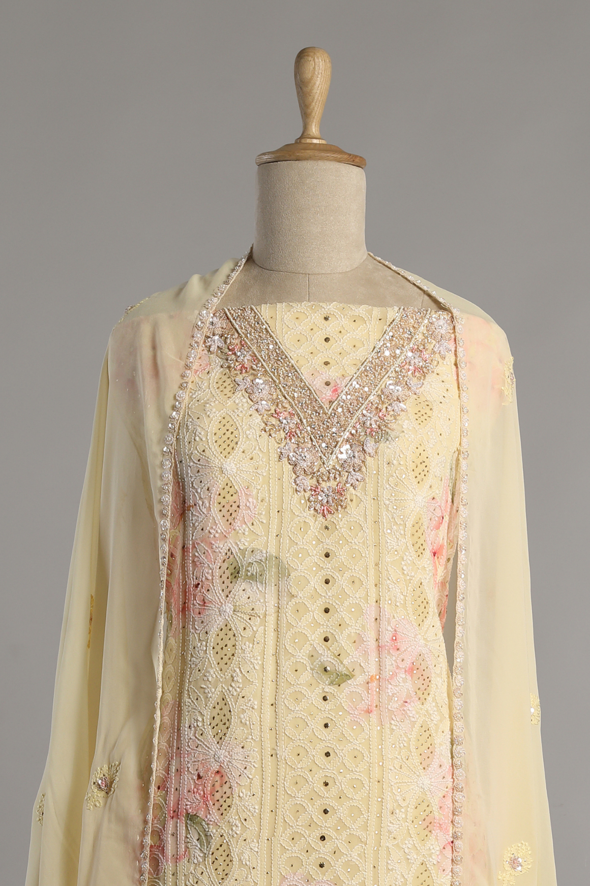 Yellow Printed Georgette Chikankari Kurta Set Enhanced with Zardozi Neckline