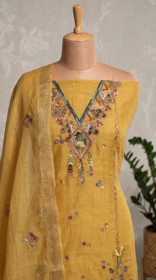 Mustard Resham Embroidery Linen Unstitched Suit Set
