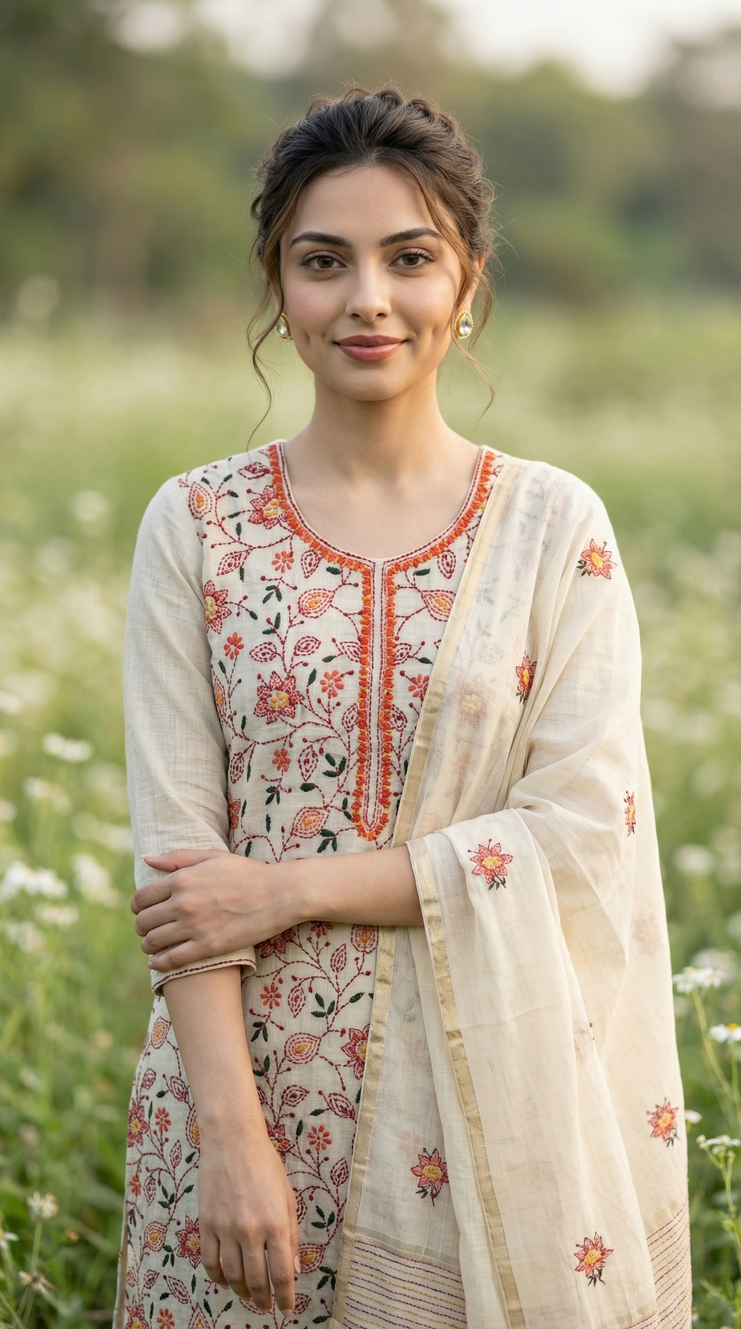 Resham Embroidery Beige & Orangish Red chanderi Stitched Suit Set