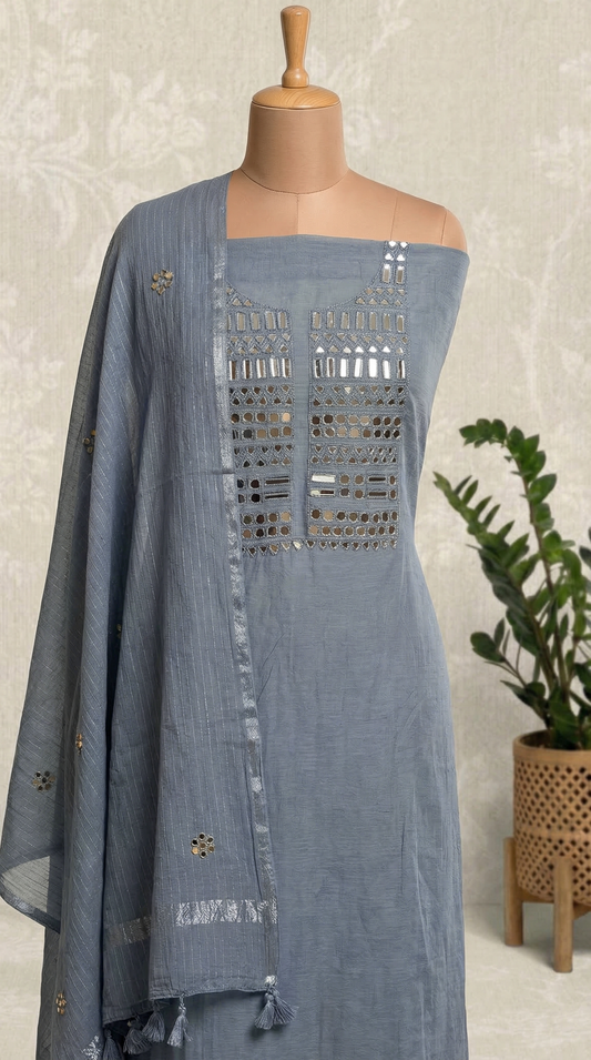 Unstitched Powder Blue Mirror Embroidery Mul Mul Unstitched Suit Set