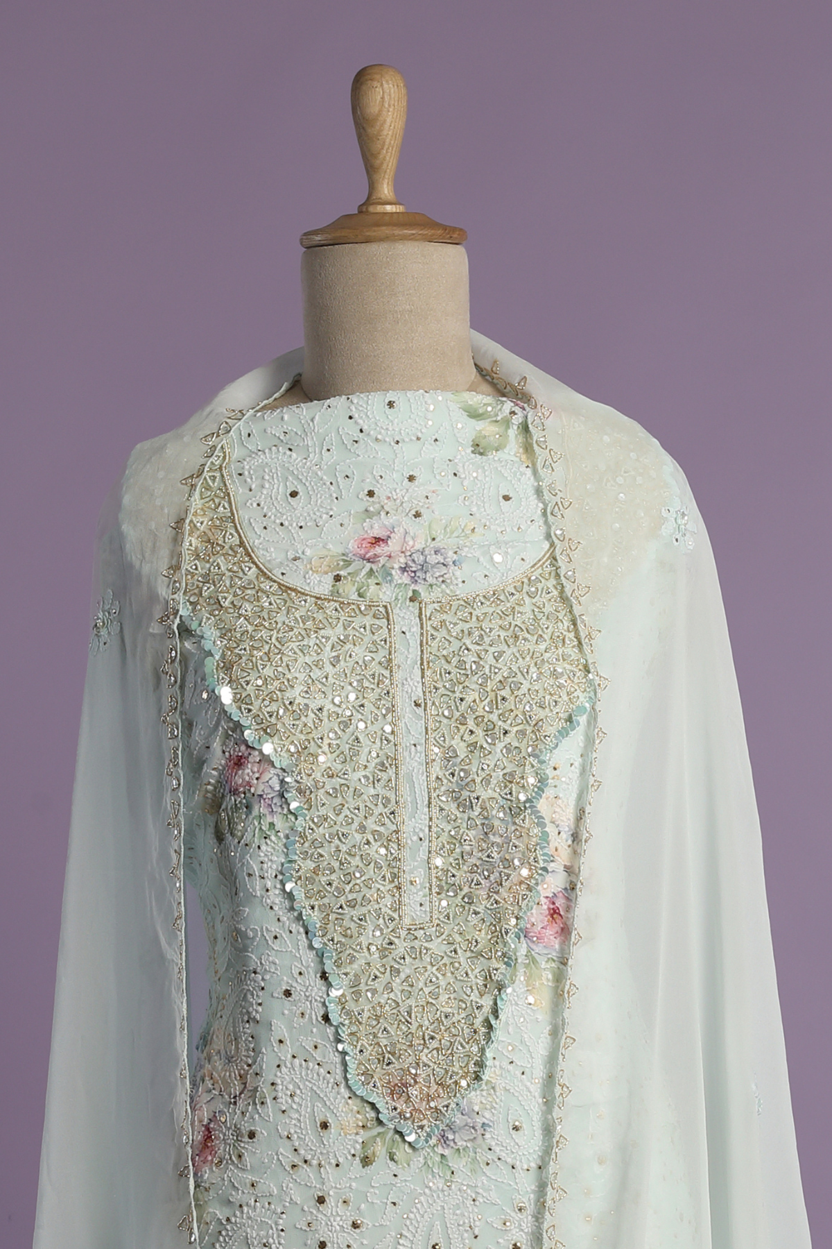 Floral Printed Georgette Chikankari Kurta Set with Zardozi Embroidery