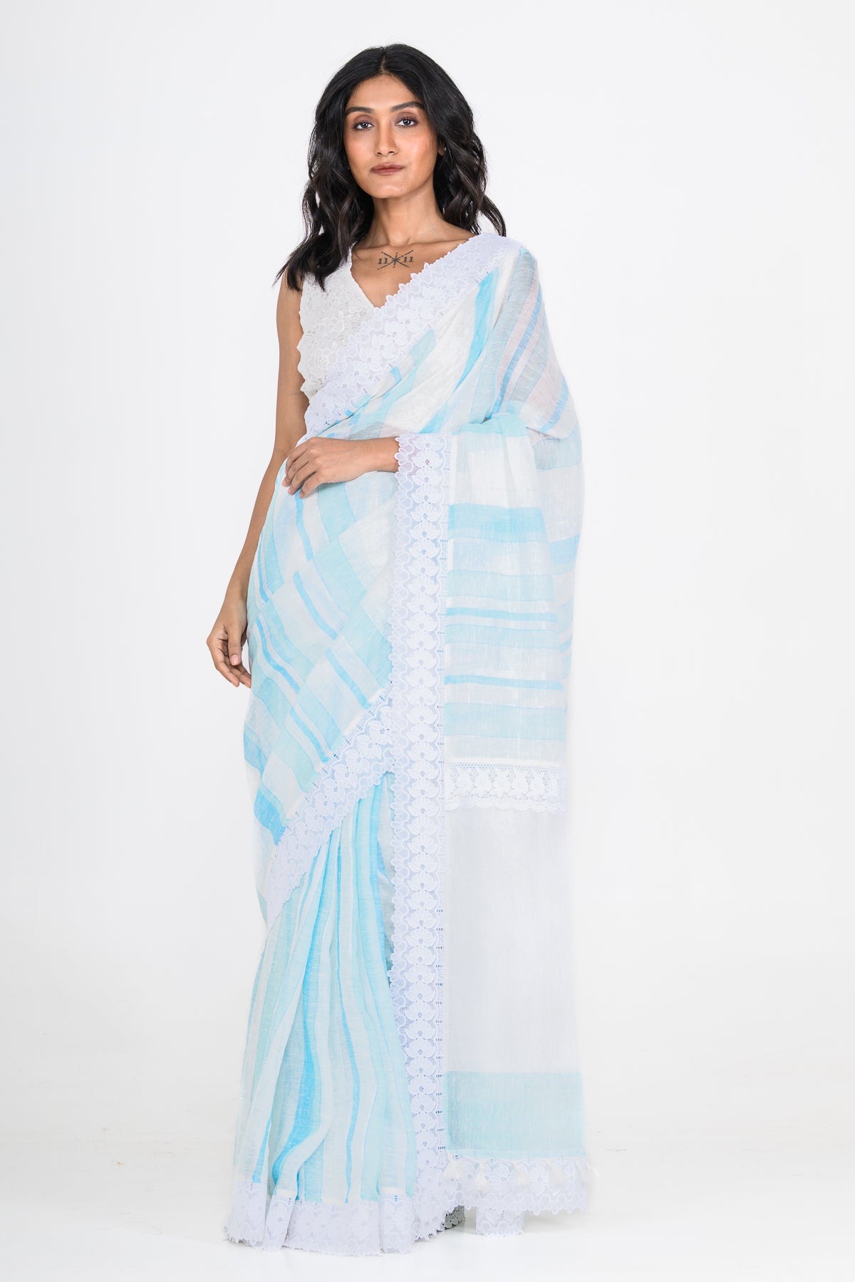 Printed Light Blue Pure Linen Saree