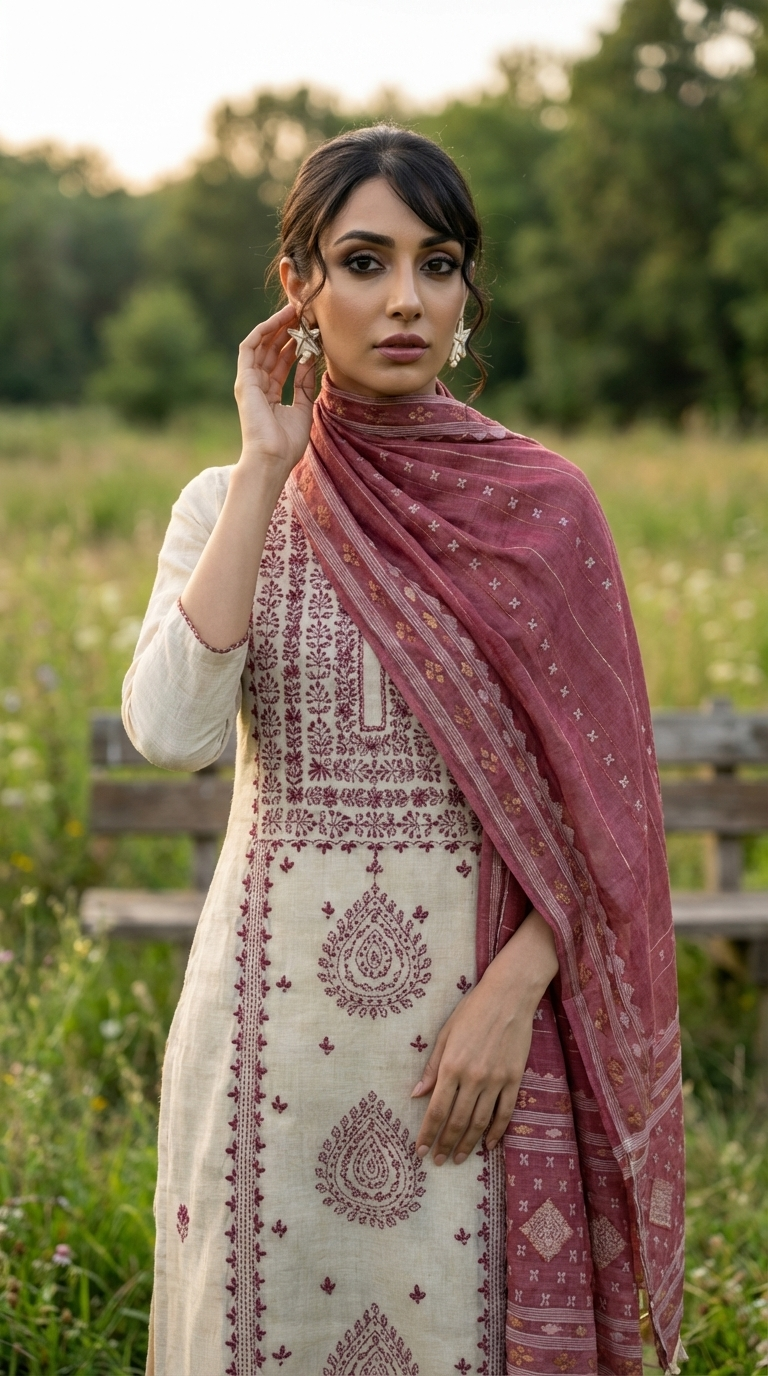 Resham Embroidery Red Coloured Chanderi Stitched Suit Set