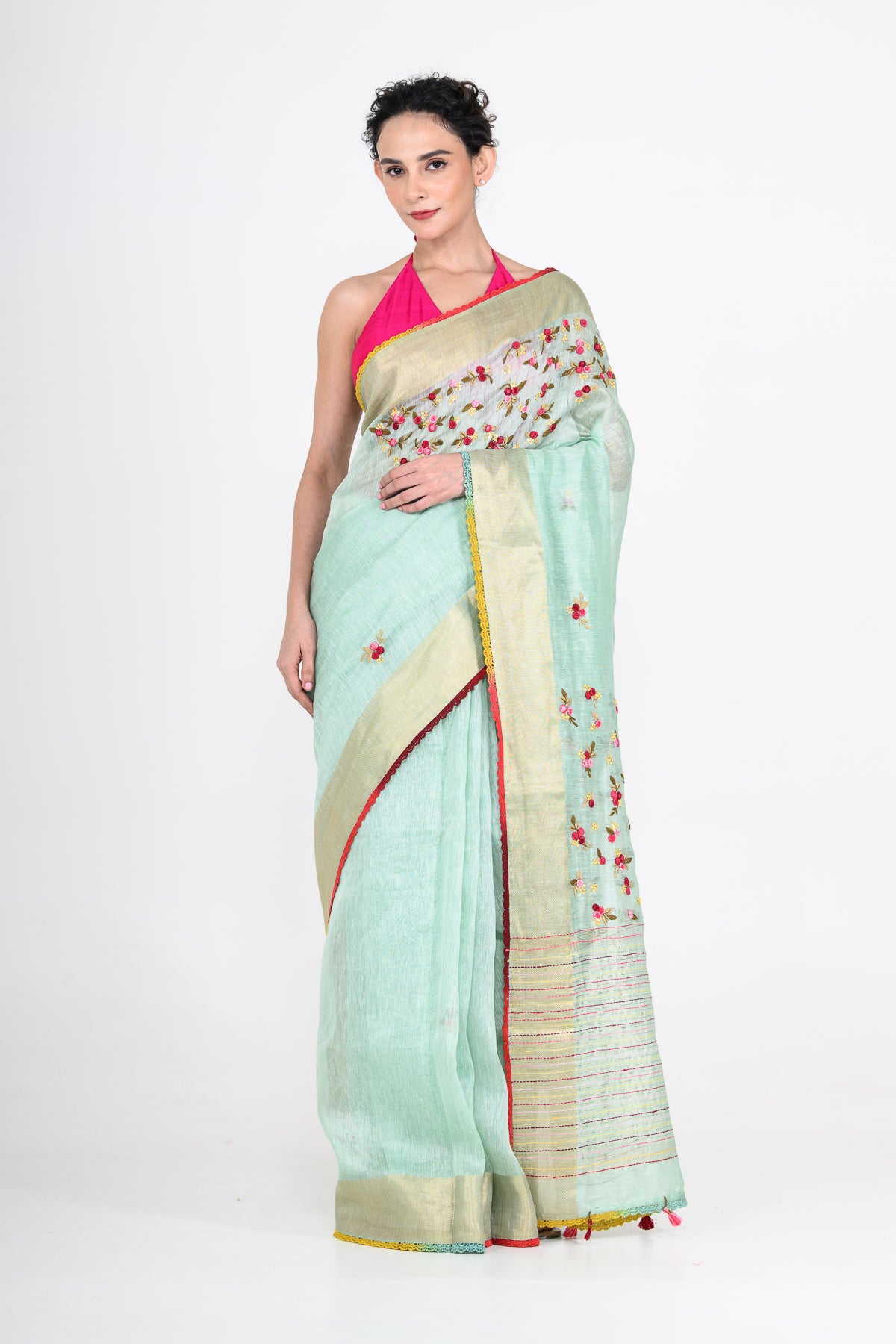 Light Green Pure Linen Saree with Thread Work