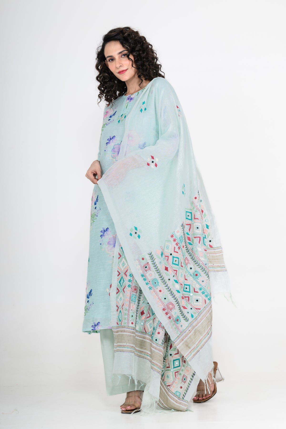 Sky Blue Pure Linen Kurta Set with Katha & Mirror Highlight