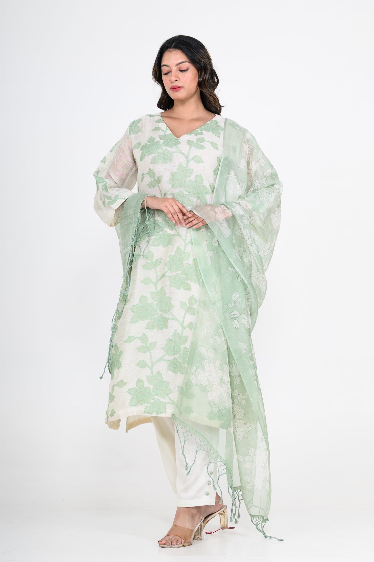 Green Printed Pure Mulmul Kurta Set with Appliques