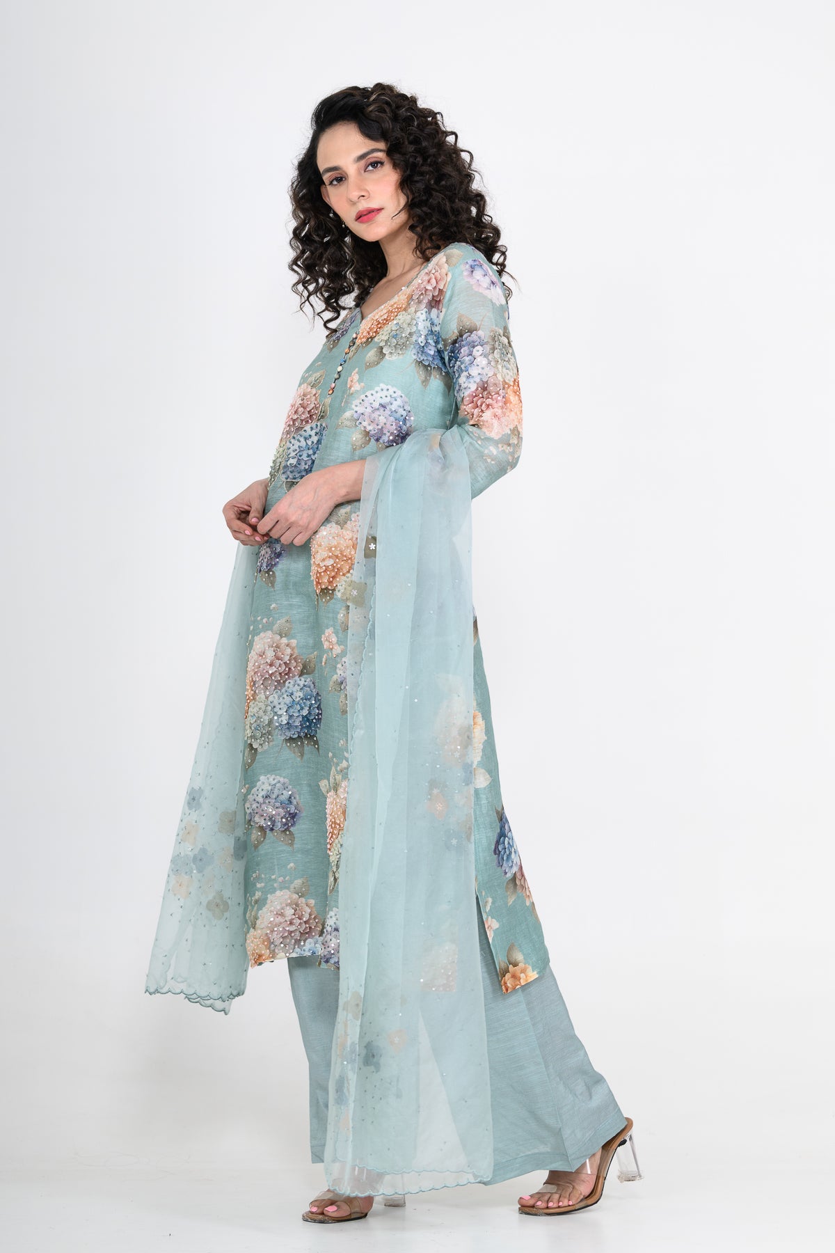 Powder Blue Printed Linen Kurta Set with Tikki & Cutdana Highlight