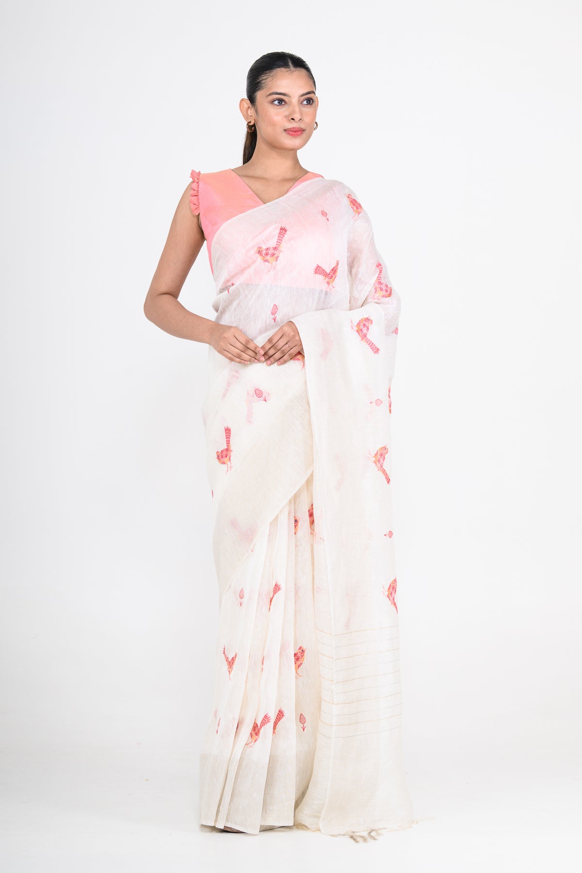 Parsi Embroidered White Pure Linen Saree