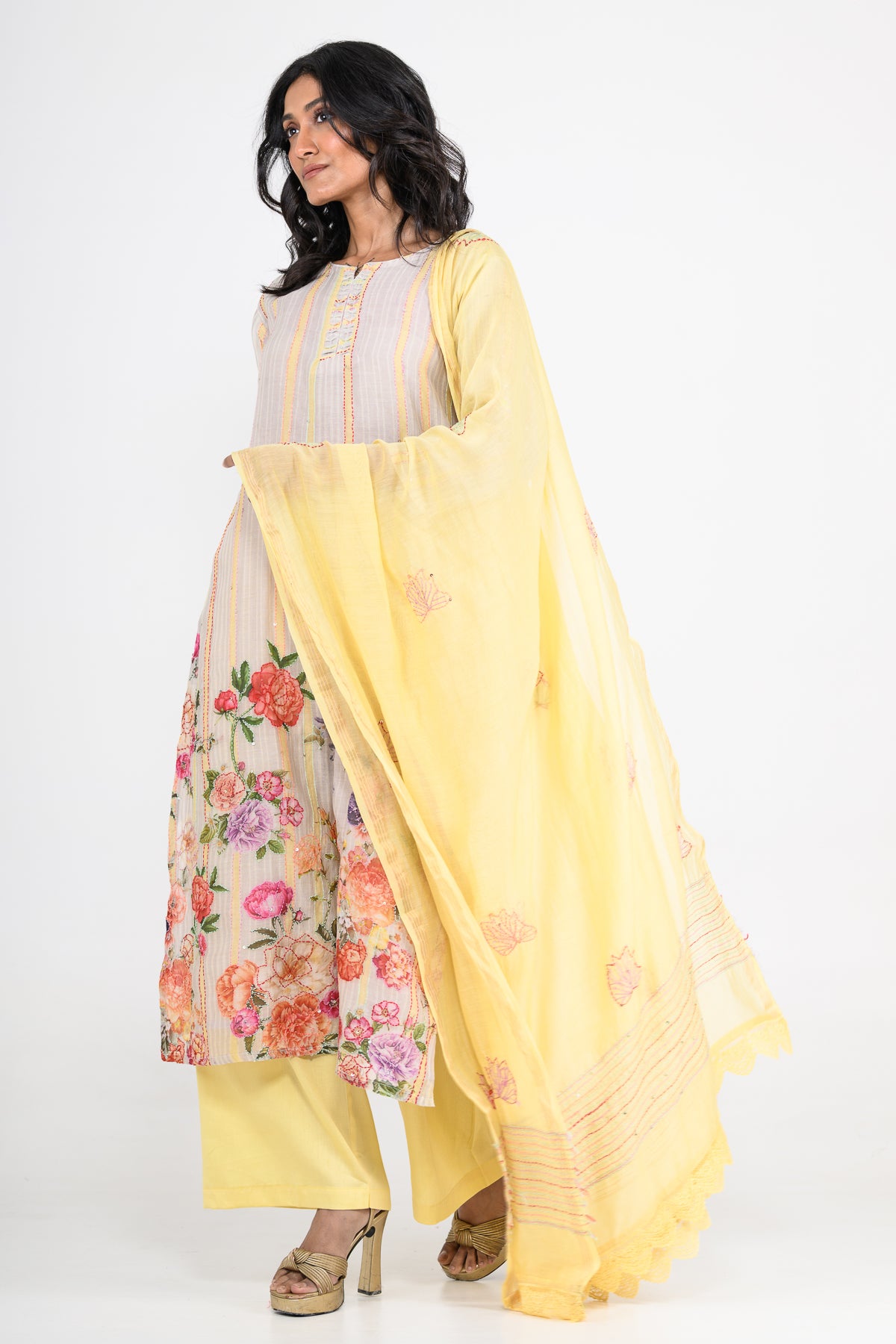 Yellow Printed Pure Mulmul Kurta Set & Dupatta with Katha Embroidery