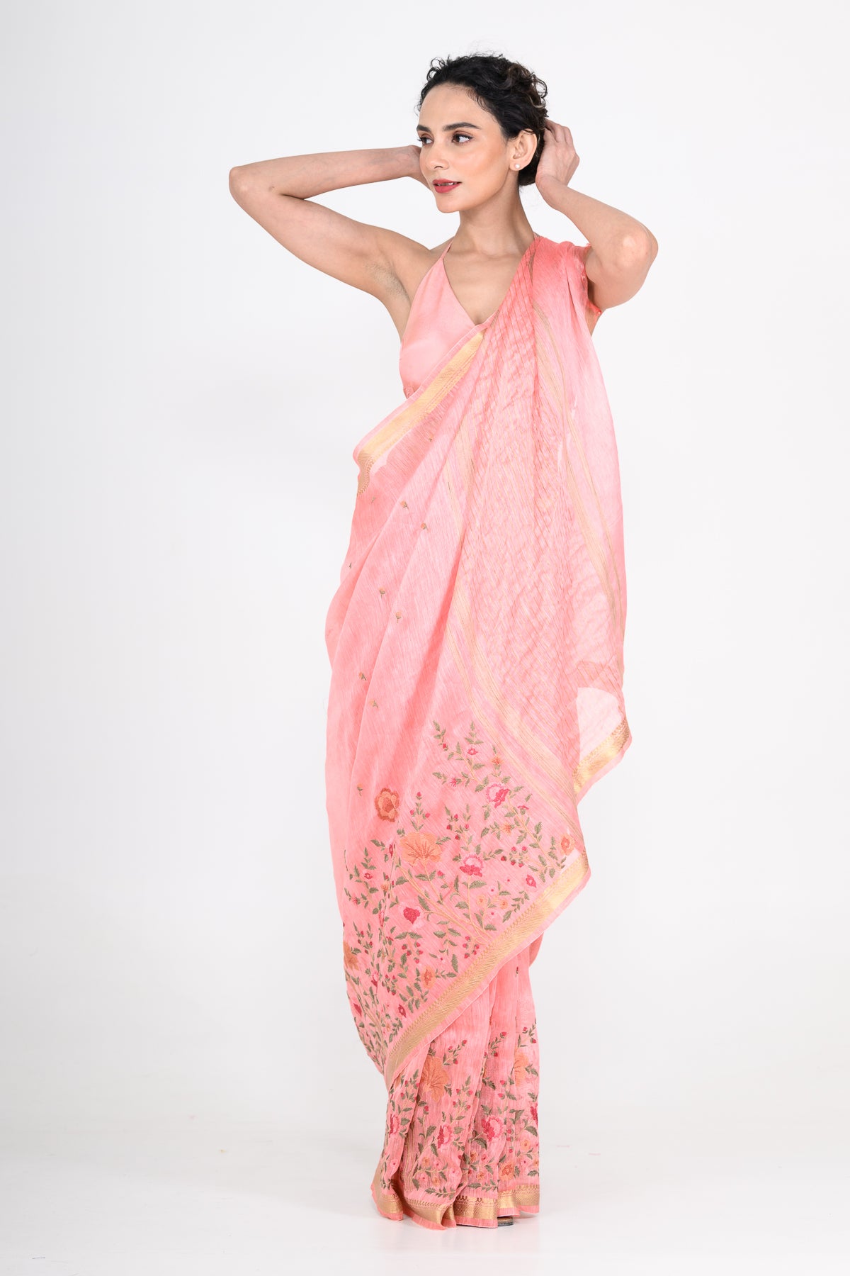 Parsi Embroidered Pink Pure Linen Saree
