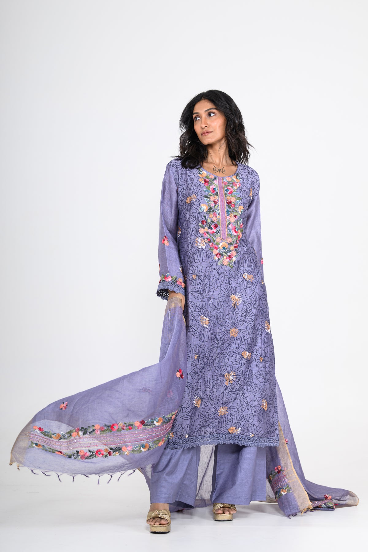Resham Embroidered Deep Blue Pure Linen Kurta Set & Dupatta