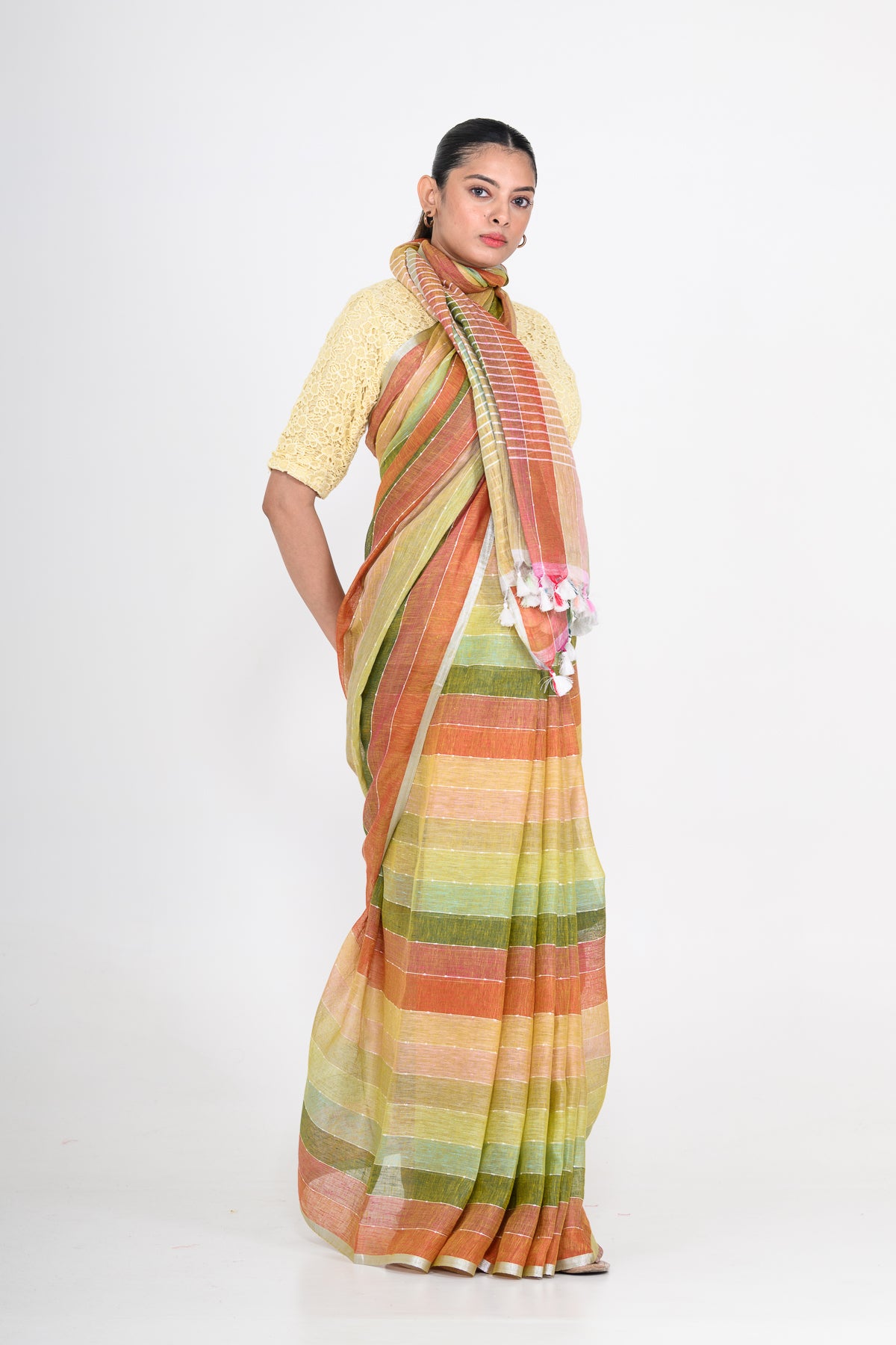 Multicolored Handwoven Striped Pure Linen Saree