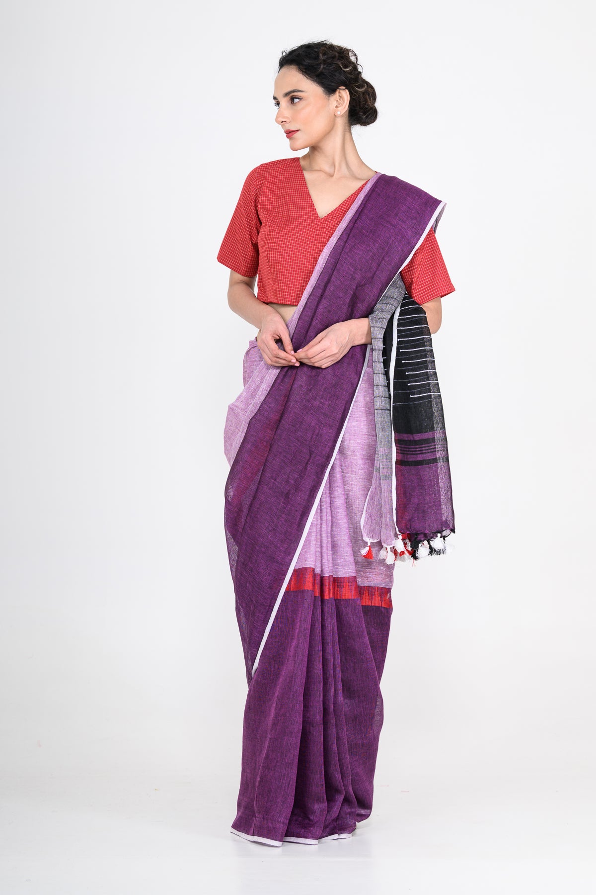Purple Handwoven Striped Pure Linen Saree