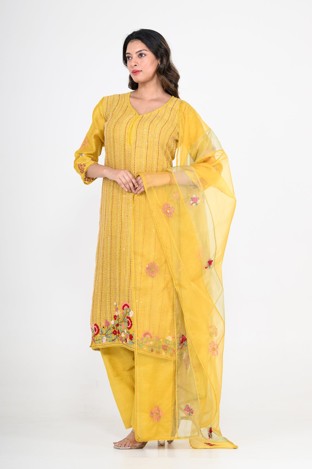 Pure Linen Mustard Yellow Kurta Set & Dupatta with Katha Work