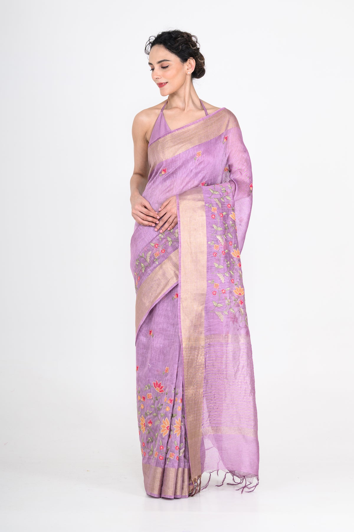 Parsi Embroidered Purple-Gold Pure Linen Saree