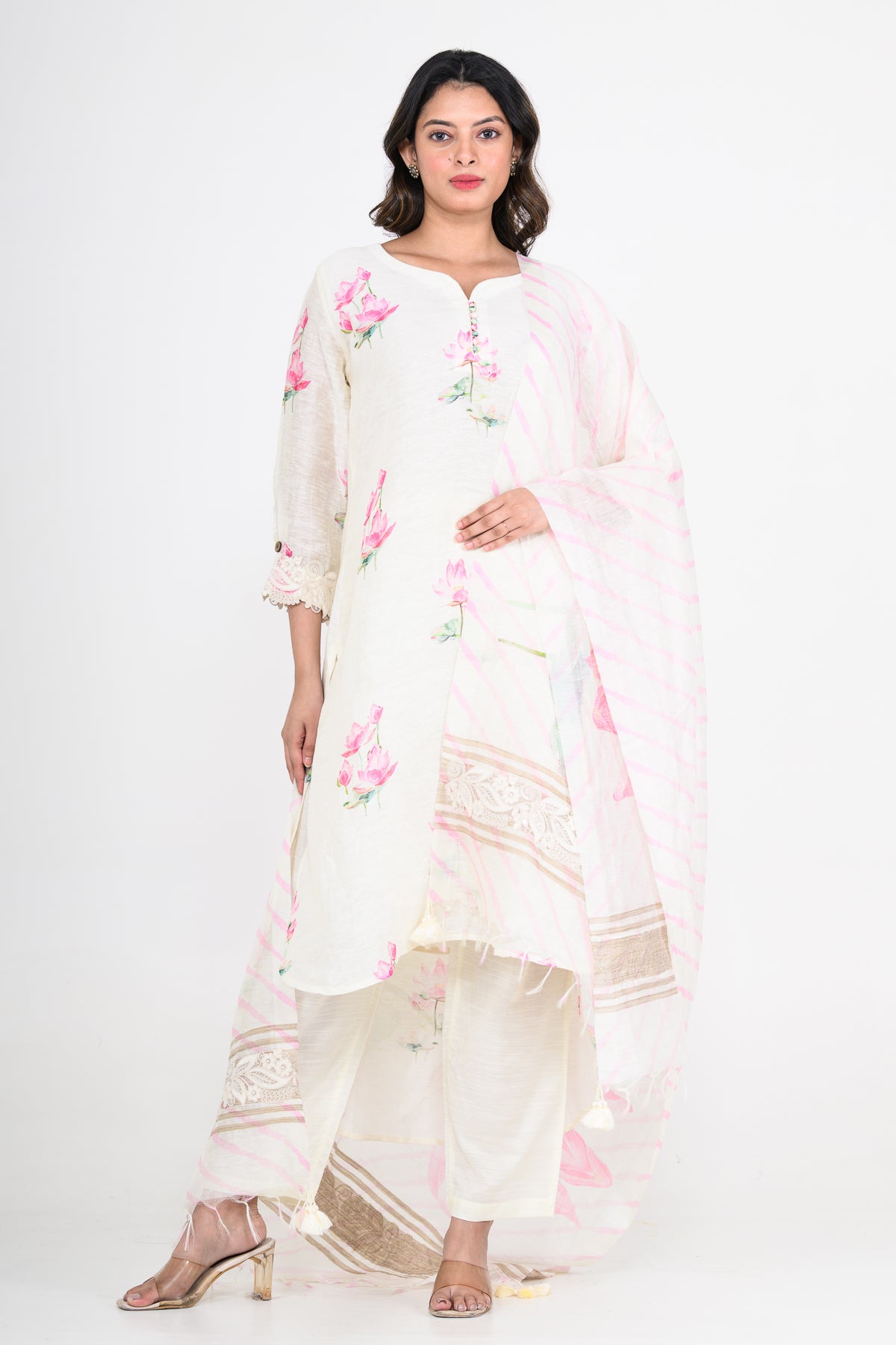 Floral Printed Pure Linen Off White Kurta Set with Dupatta
