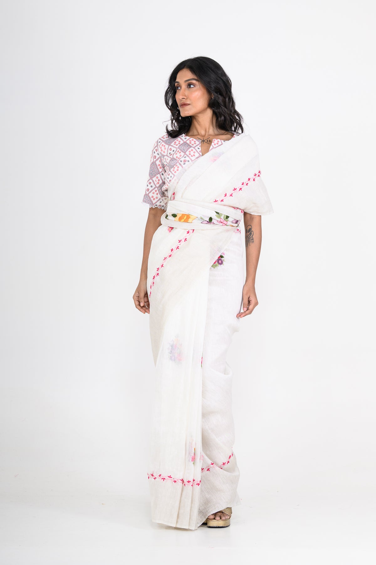 White Pure Linen Saree with Tikki & Thread Work