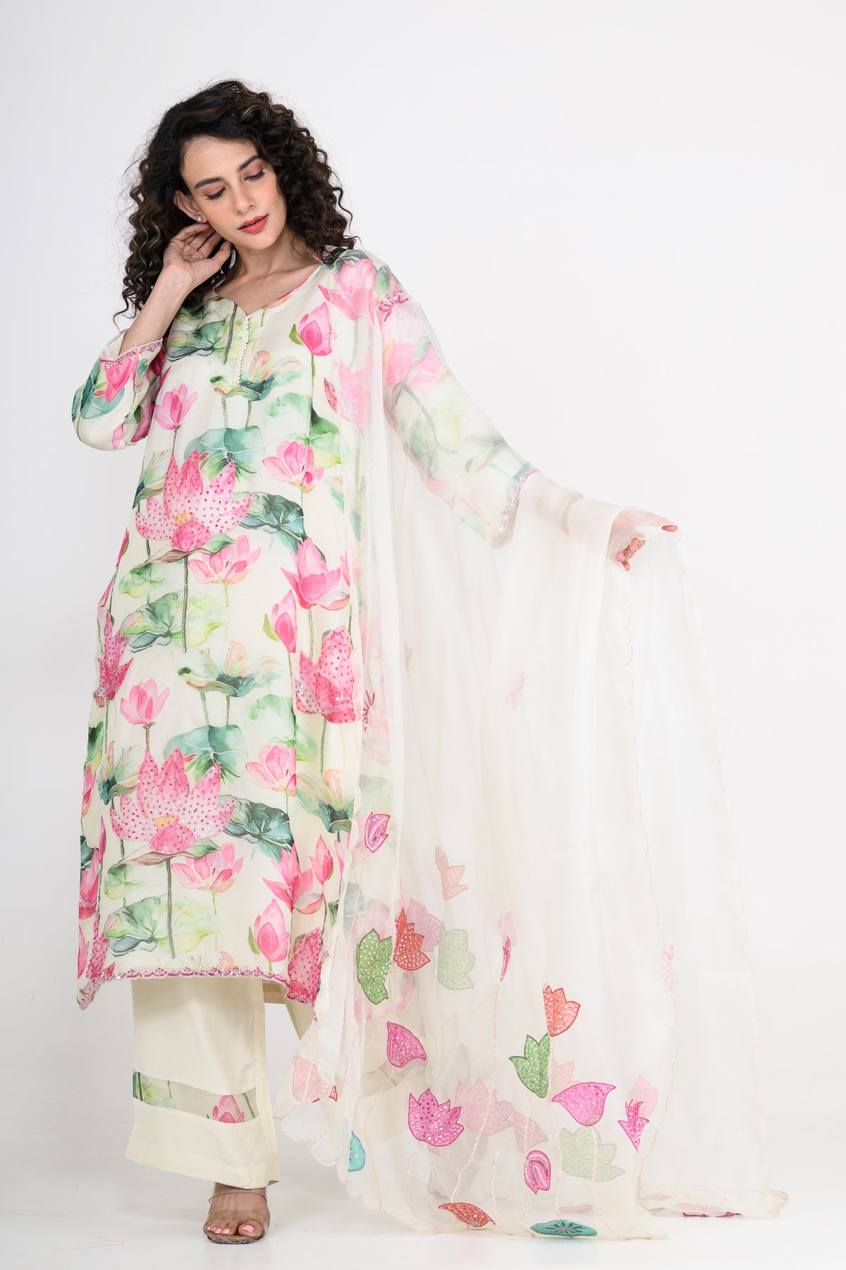 White & Pink Organza Kurta Set with Applique & Hand Embroidery