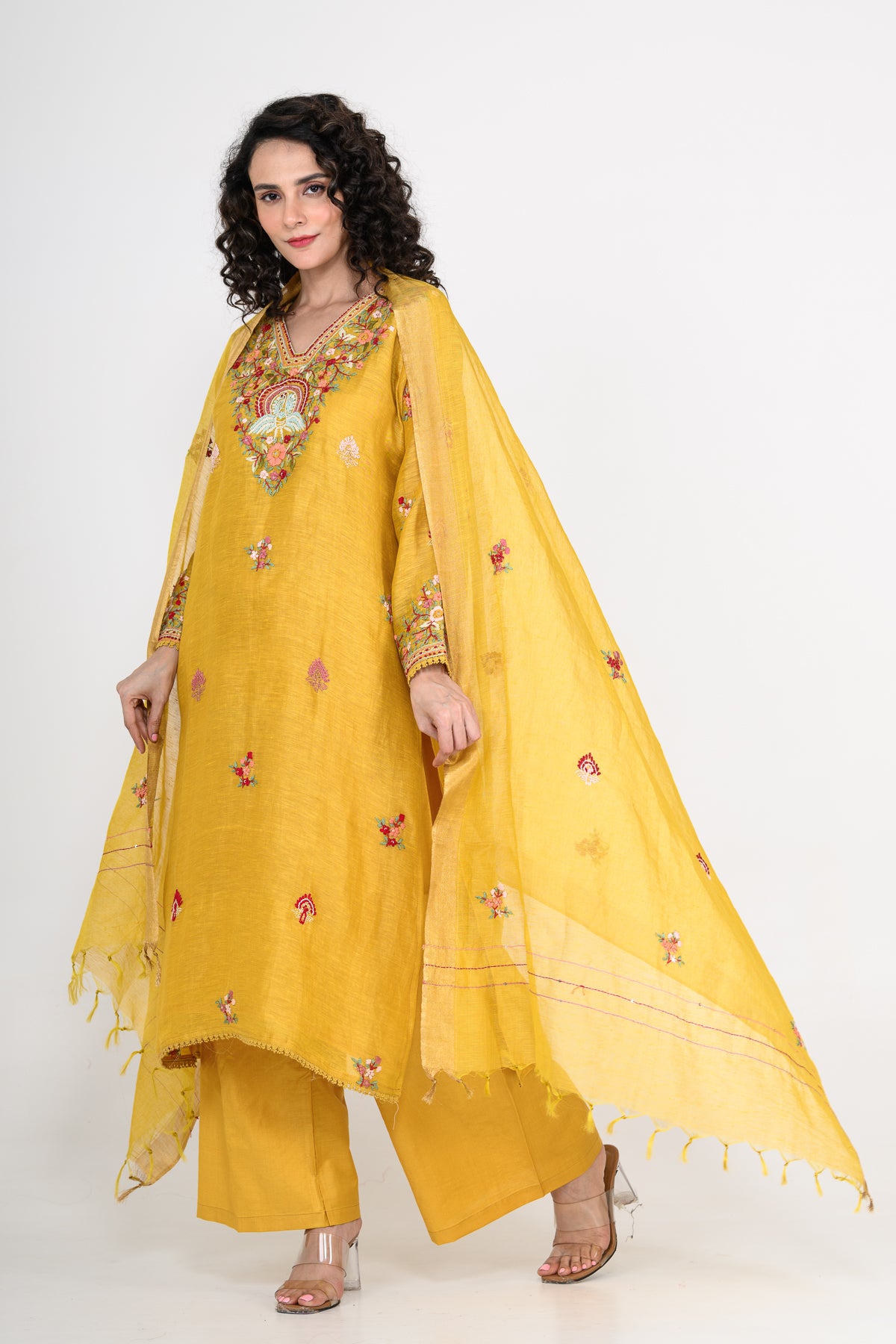 Mustard Yellow Kurta Set & Dupatta with Thread Work in Pure Linen