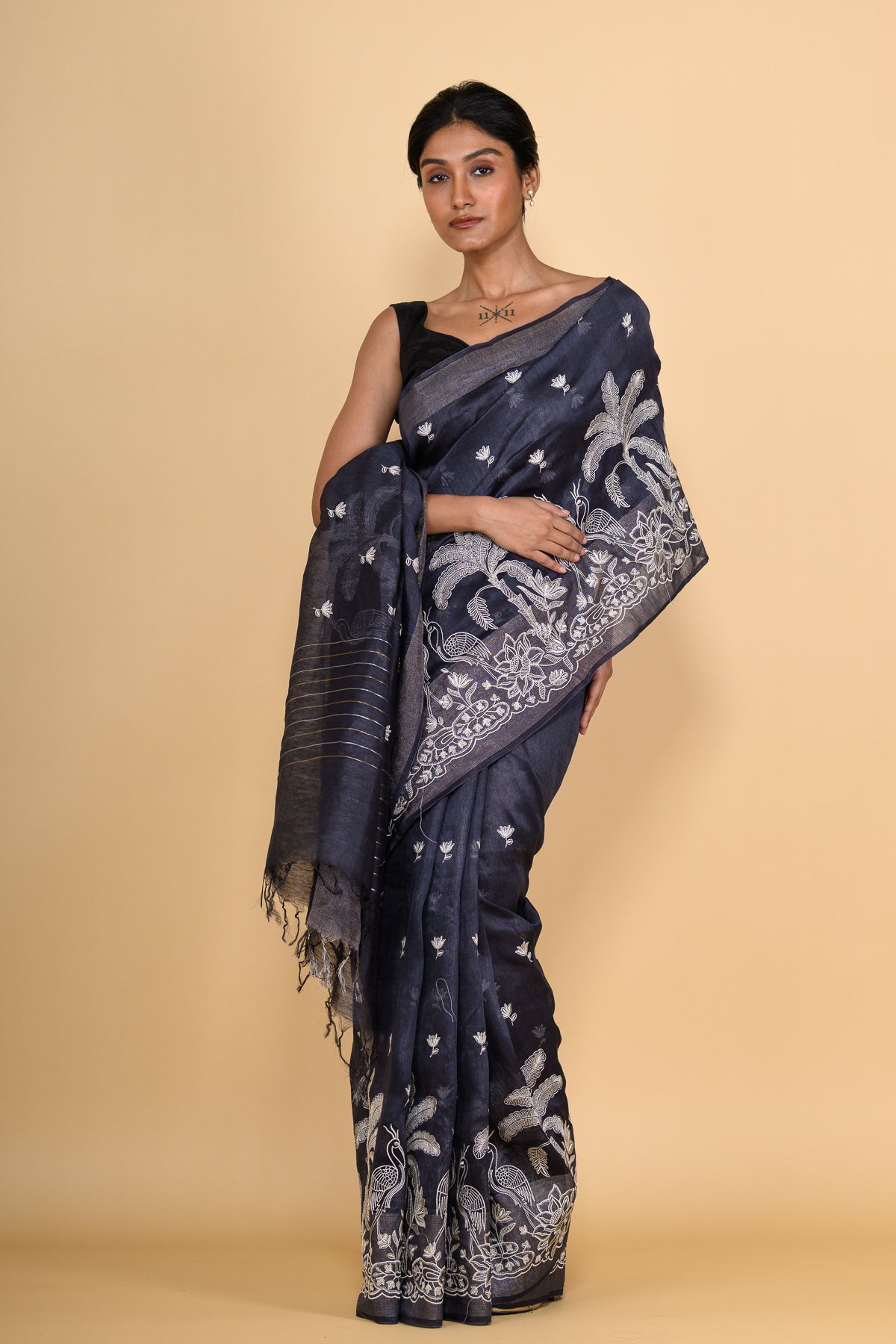 Deep Blue Hand Embroidered Pure Linen Saree