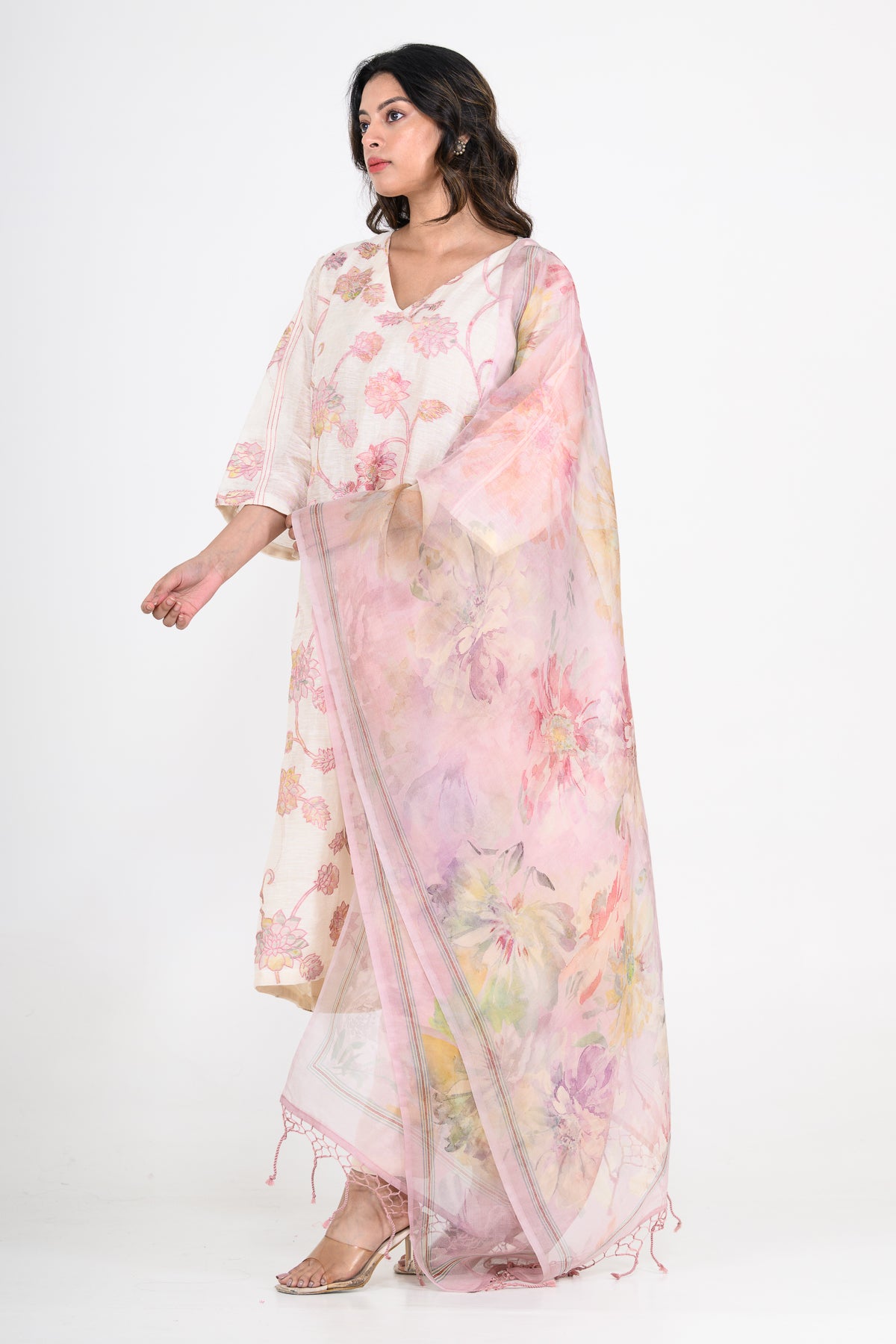 White-Purple Pure Mulmul Printed Kurta Set with Appliques